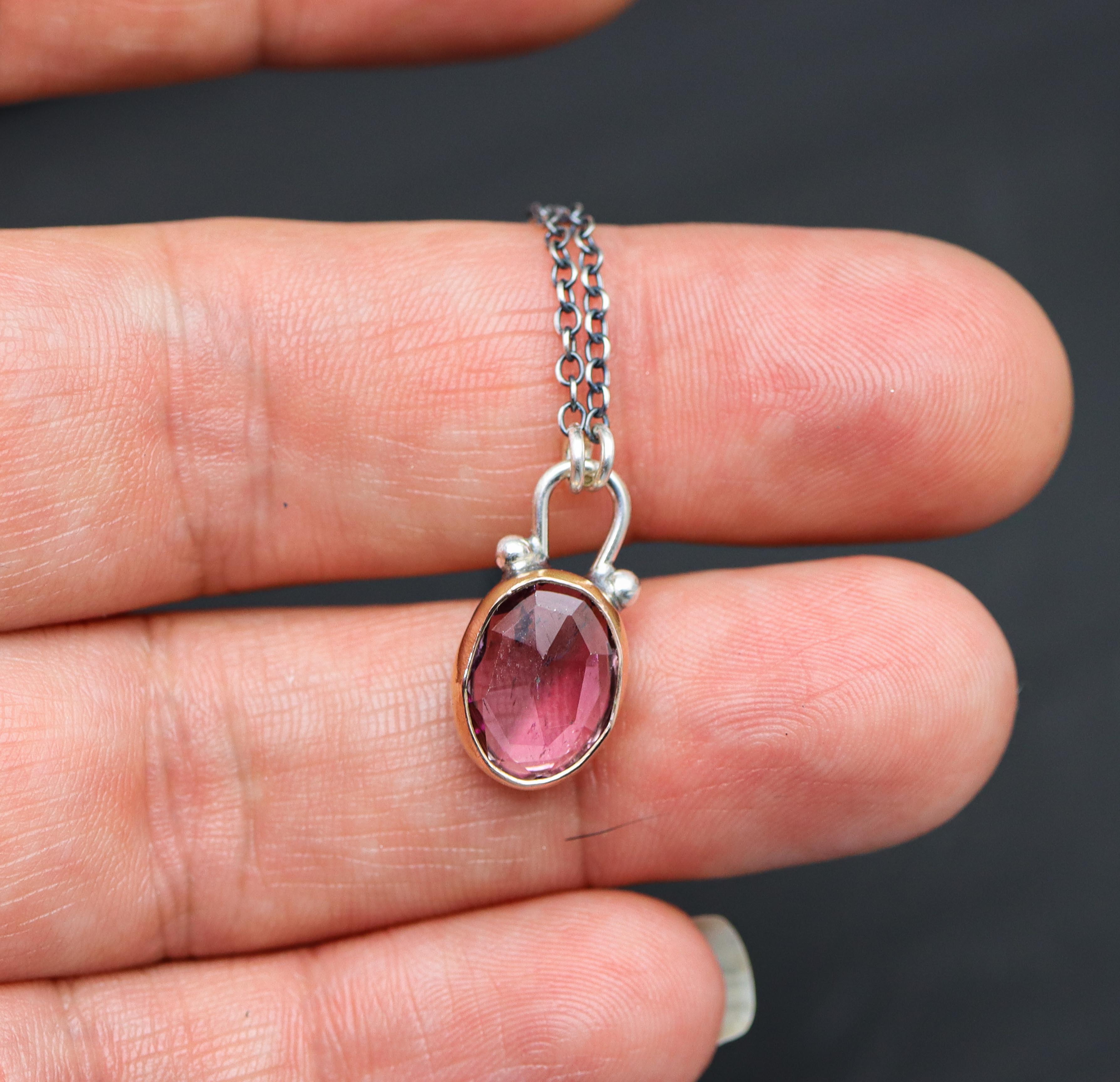 Pink and Purple Tourmaline Petite Pendant Necklace Sterling Silver & 14k Rose Gold
