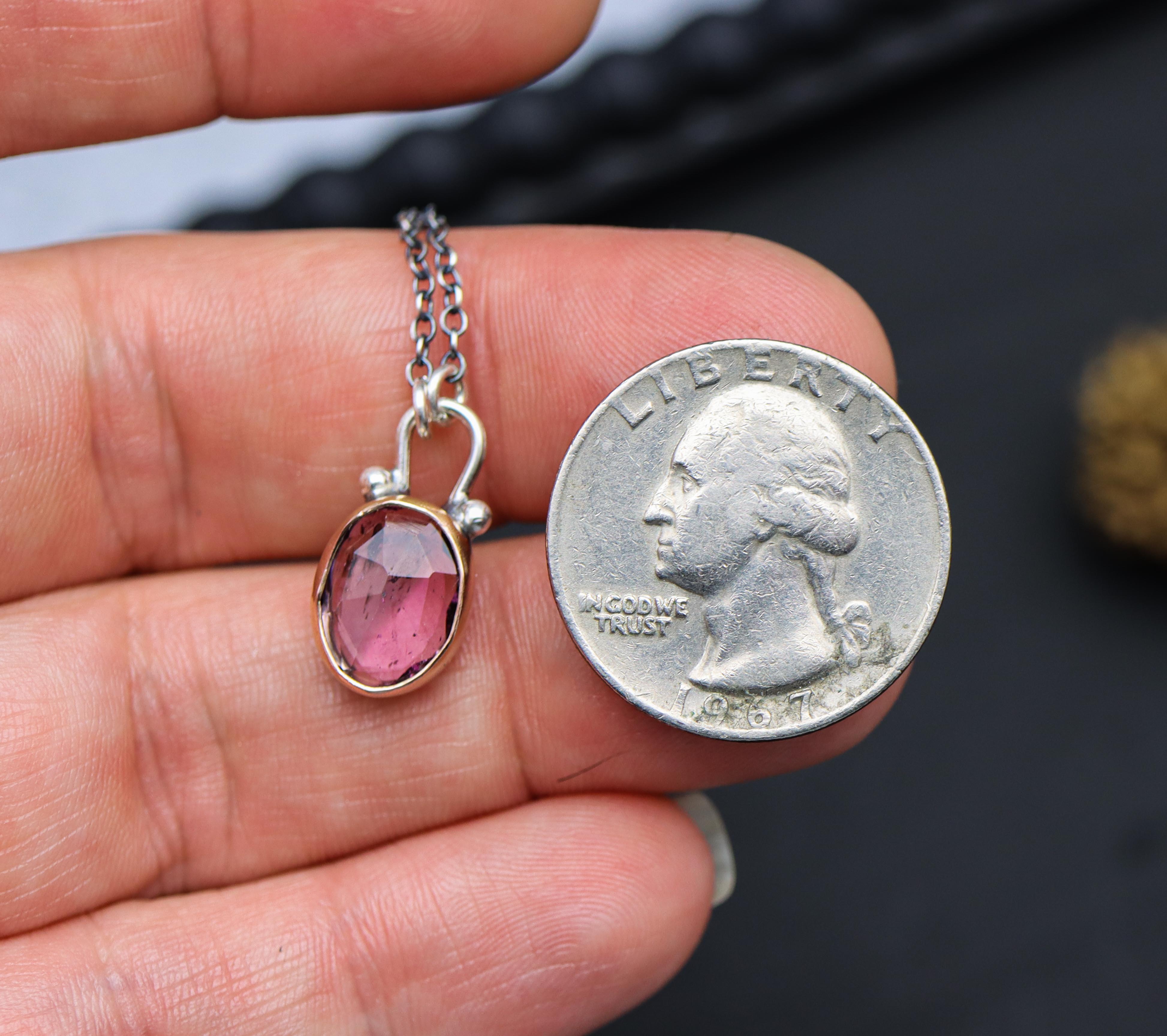 Pink and Purple Tourmaline Petite Pendant Necklace Sterling Silver & 14k Rose Gold