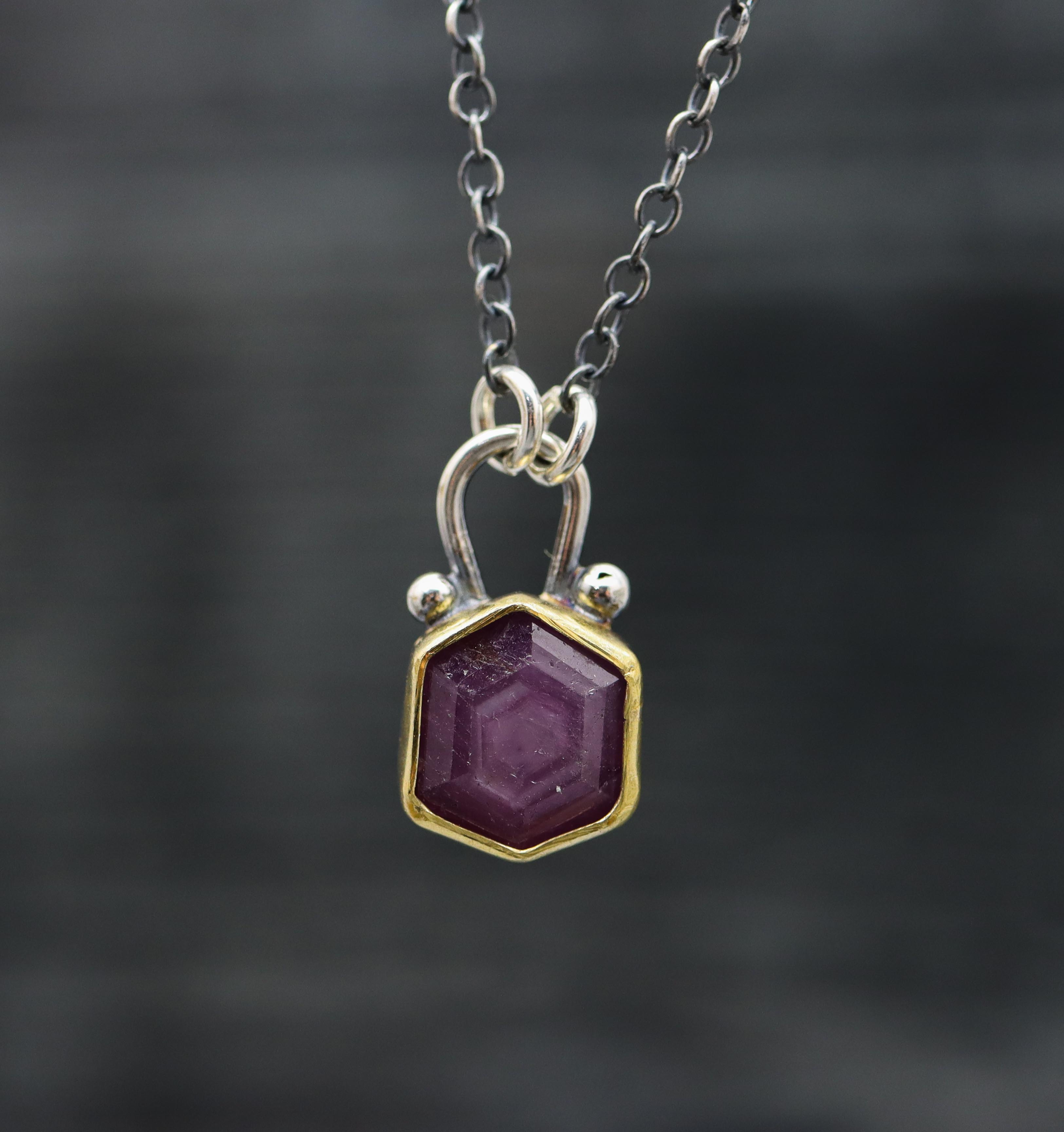 Ruby Pendant Necklace Sterling Silver and 22k Gold