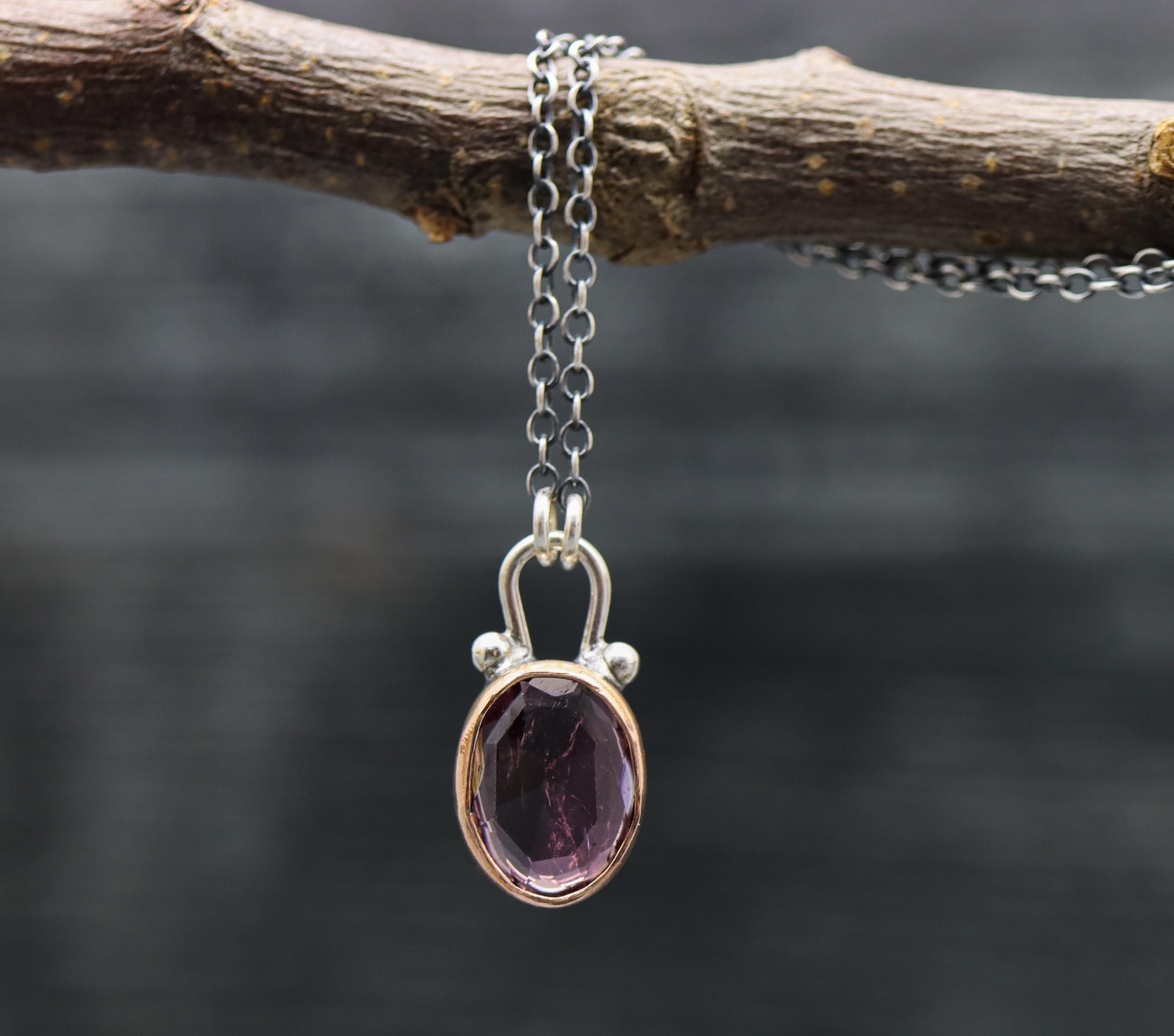 Pink and Purple Tourmaline Petite Pendant Necklace Sterling Silver & 14k Rose Gold