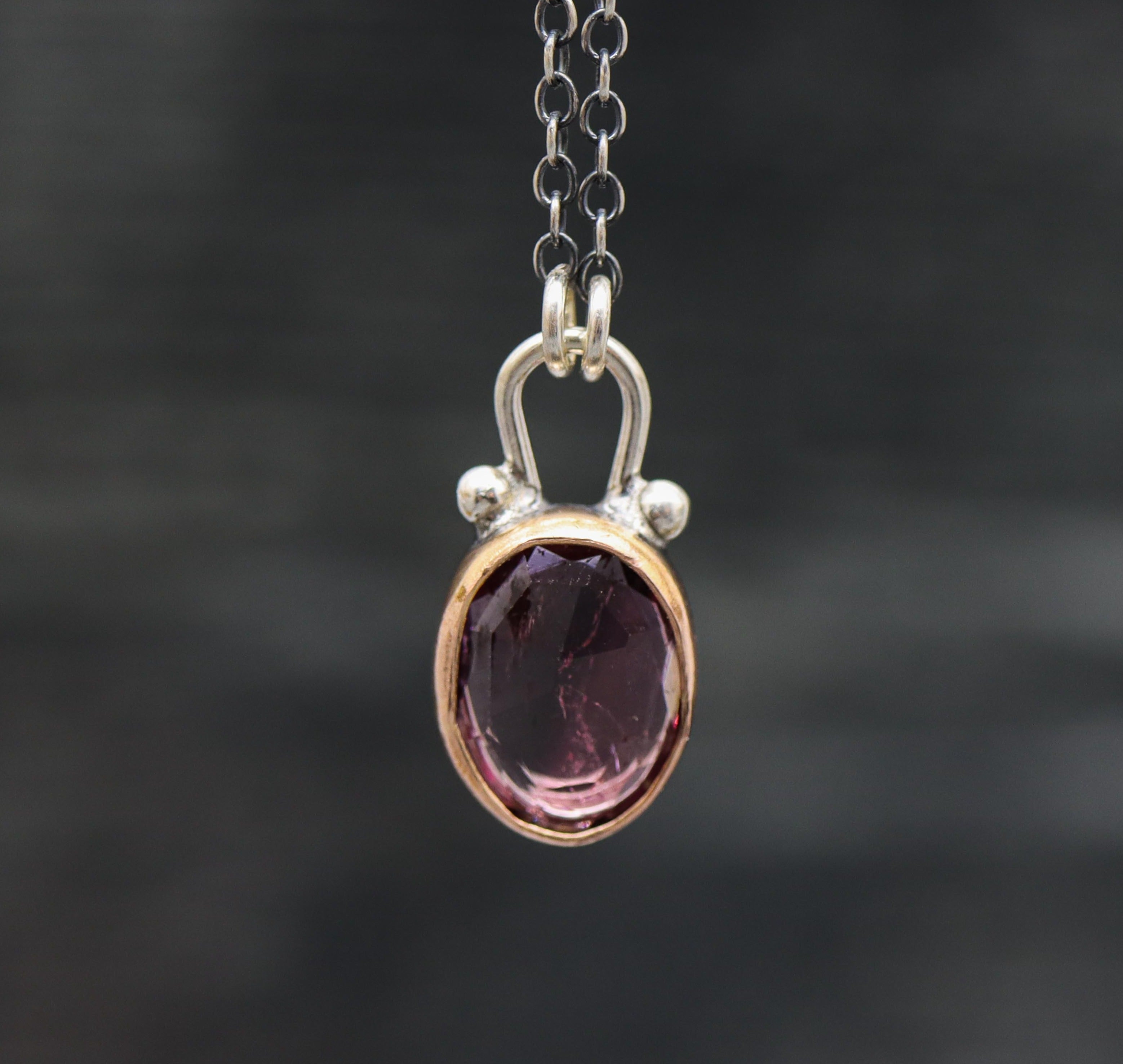 Pink and Purple Tourmaline Petite Pendant Necklace Sterling Silver & 14k Rose Gold