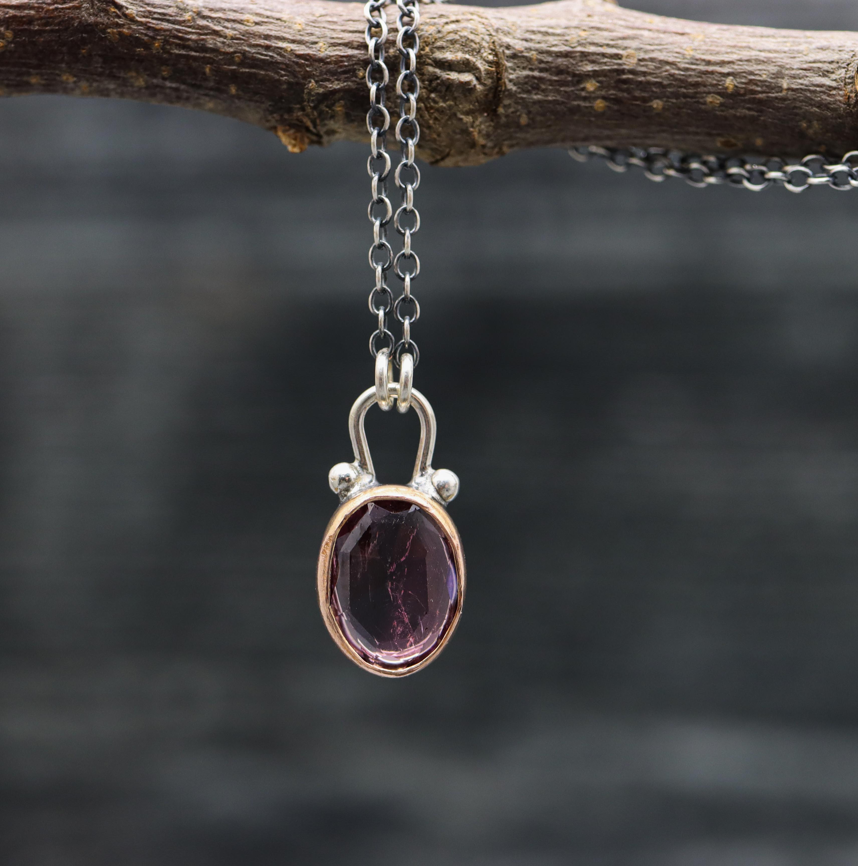 Pink and Purple Tourmaline Petite Pendant Necklace Sterling Silver & 14k Rose Gold