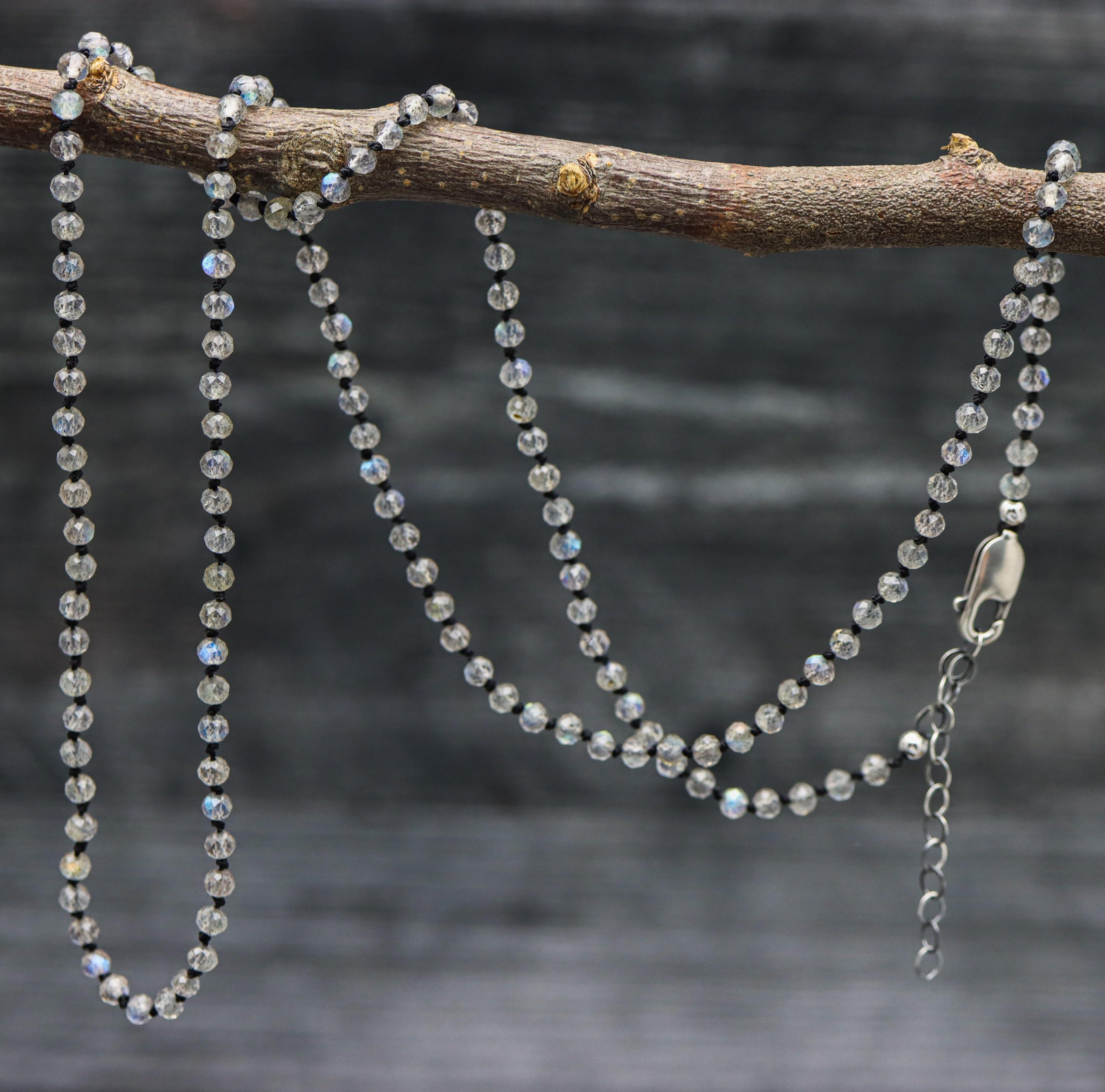 Sparkly Labradorite Hand Knotted Bead Necklace Sterling Silver