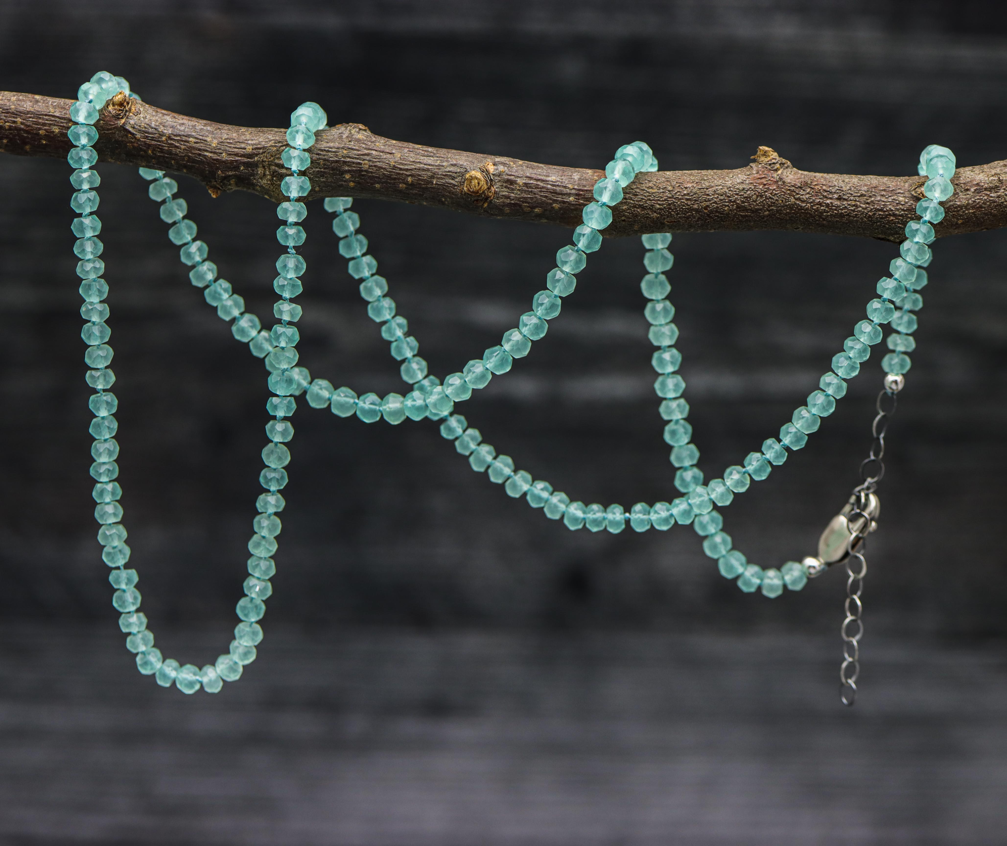 Aqua Chalcedony Hand Knotted Bead Necklace Sterling Silver
