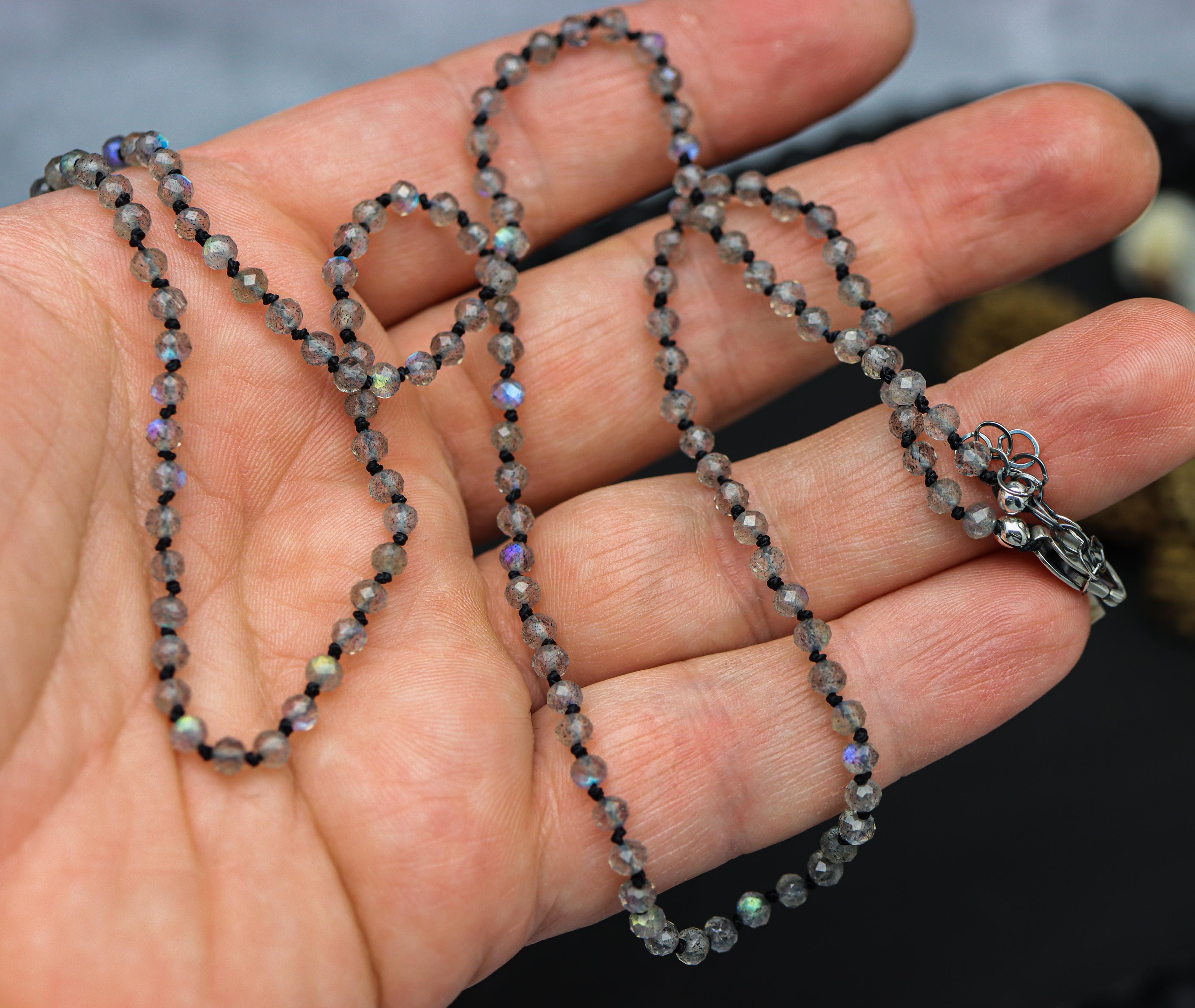 Sparkly Labradorite Hand Knotted Bead Necklace Sterling Silver