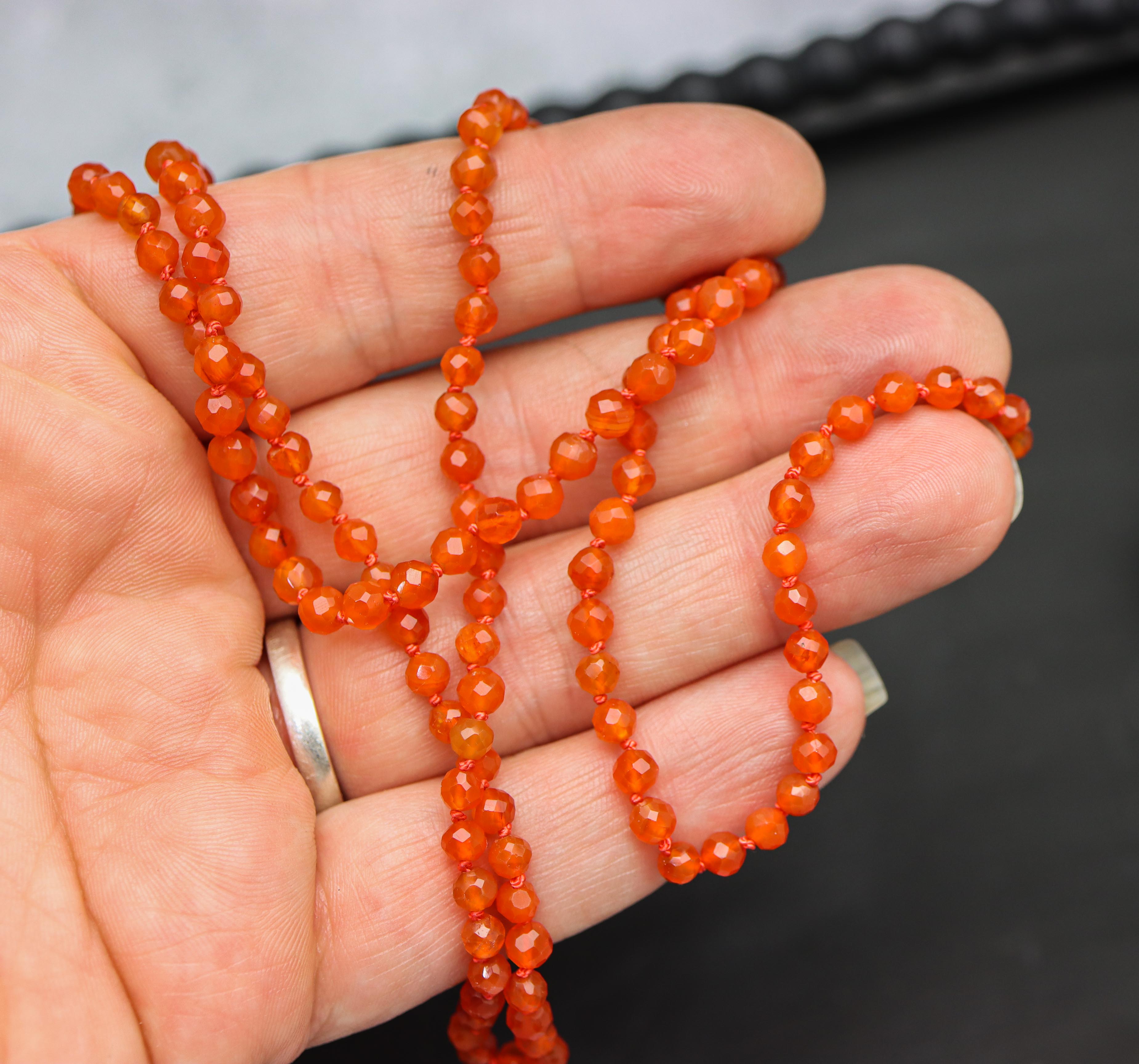 Juicy Orange Carnelian Hand Knotted Bead Necklace Sterling Silver