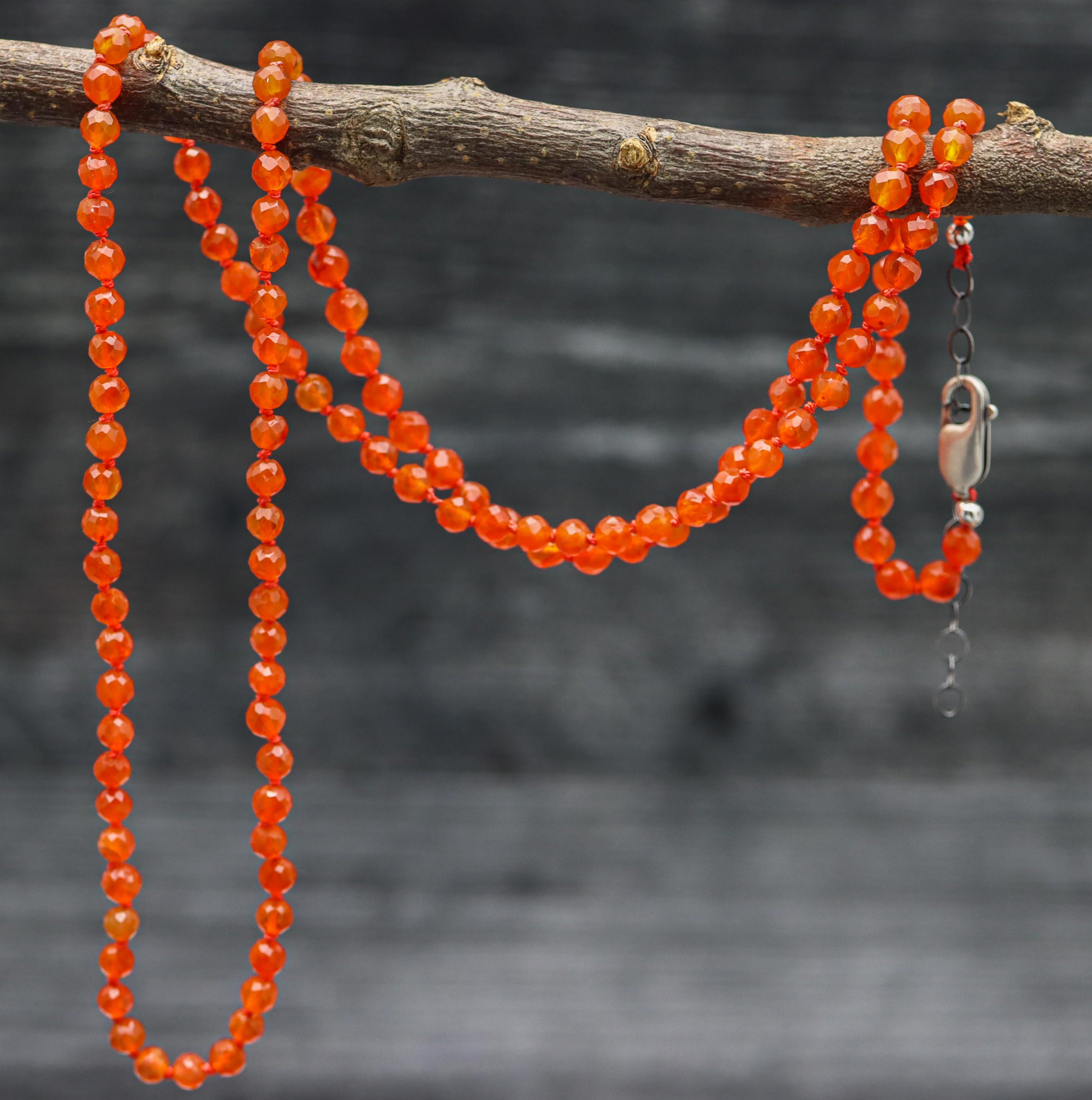 Orange Carnelian Hand Knotted Bead Necklace Sterling Silver