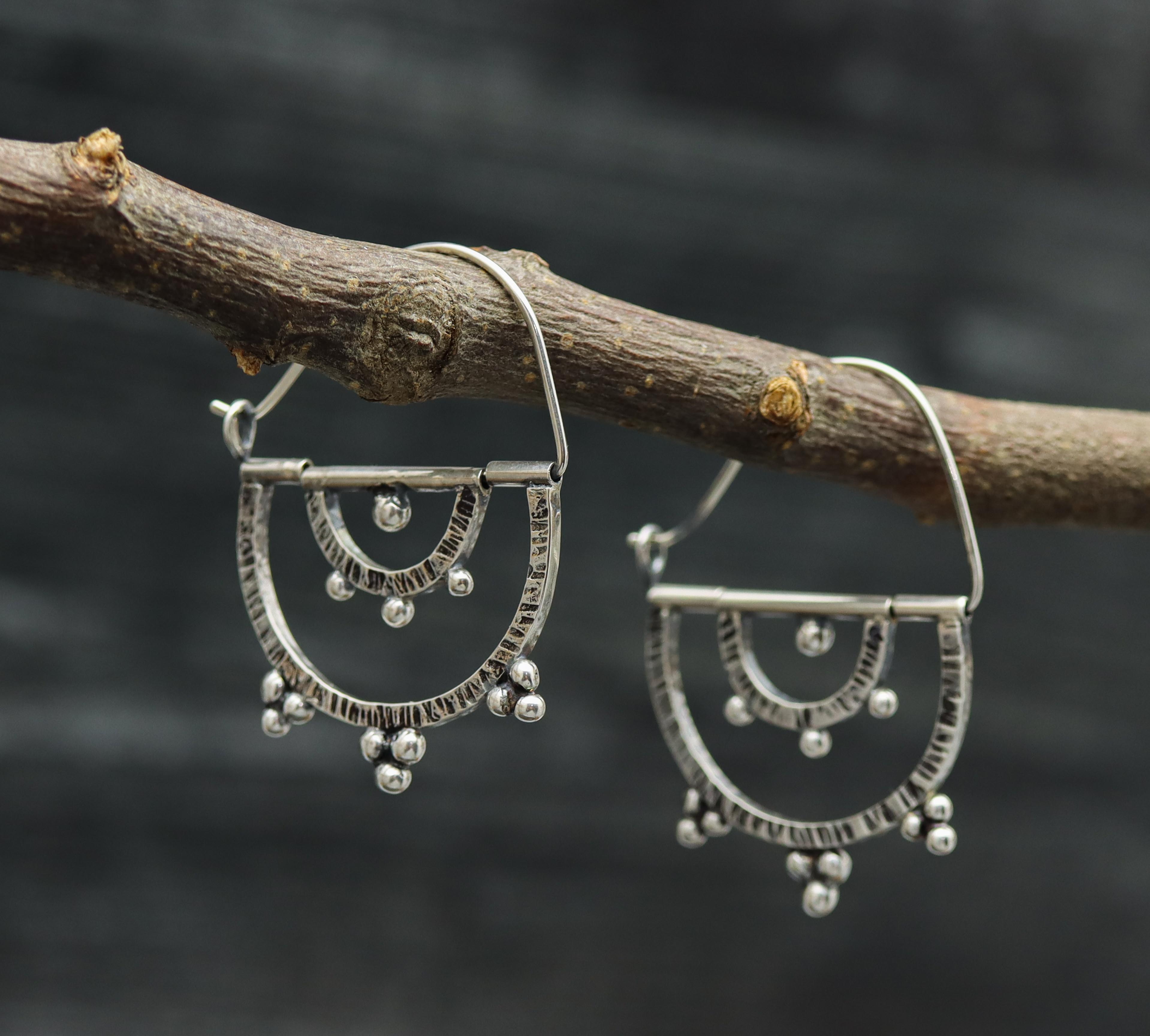 Granulated Kinetic Double Semi-Circle Earrings in Sterling Silver
