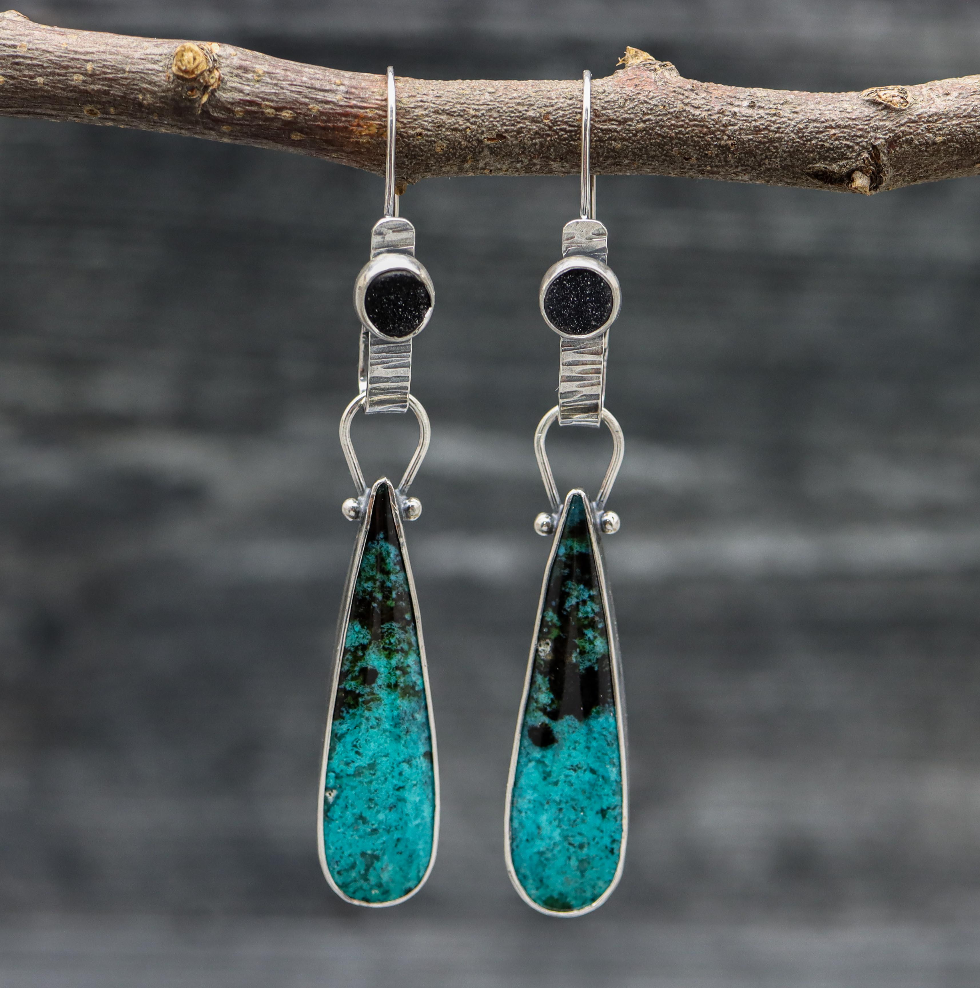Chrysocolla with Black Druzy Convertible Dangle Earrings Sterling Silver
