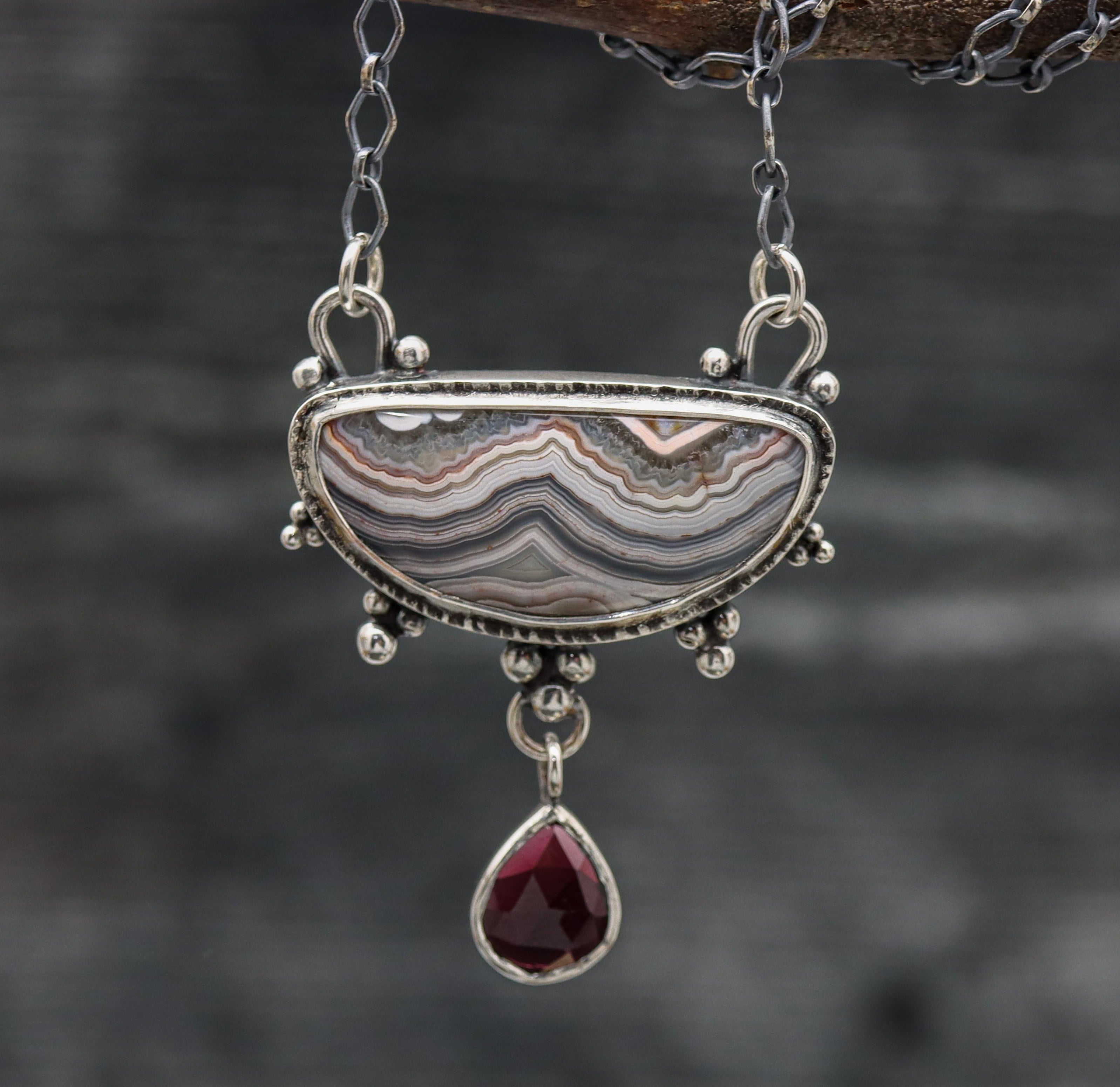 Crazy Lace Agate and Garnet Pendant Sterling Silver One Of a Kind Gemstone Necklace