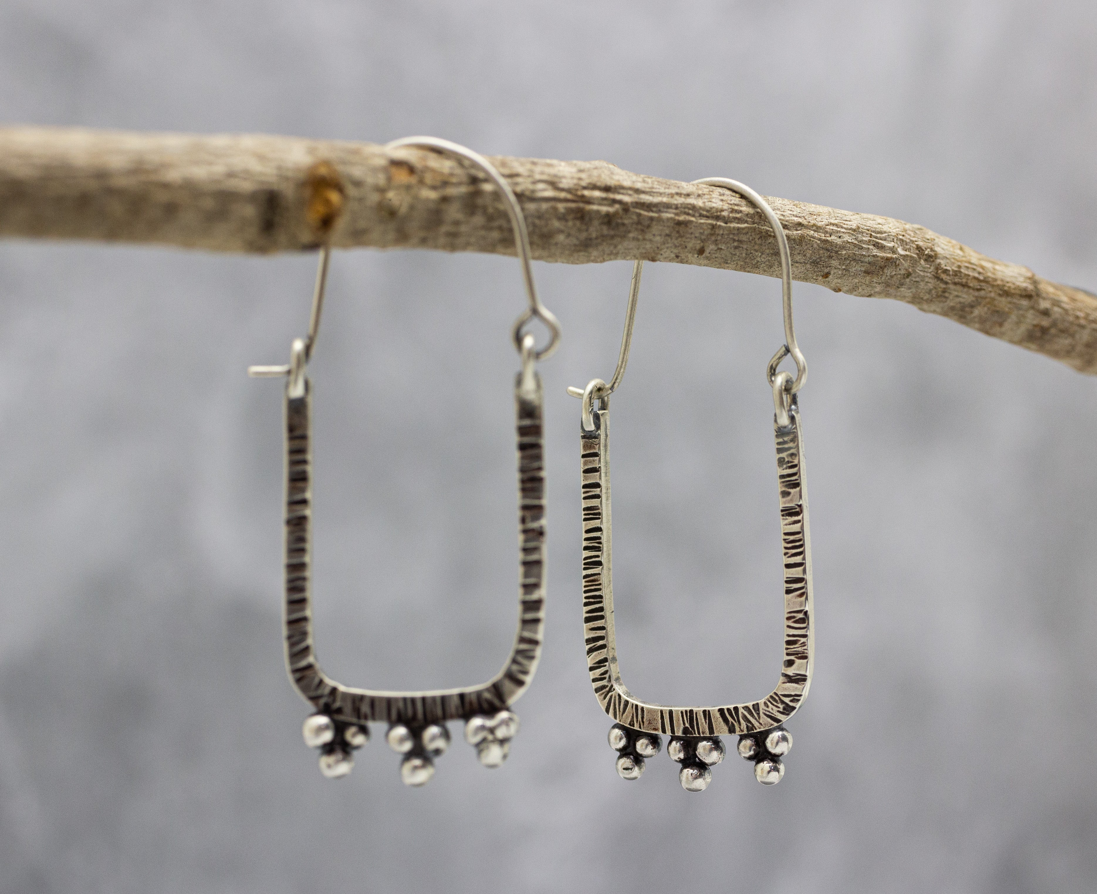 Rectangle Granulated Hoop Earrings in Sterling Silver Made To Order