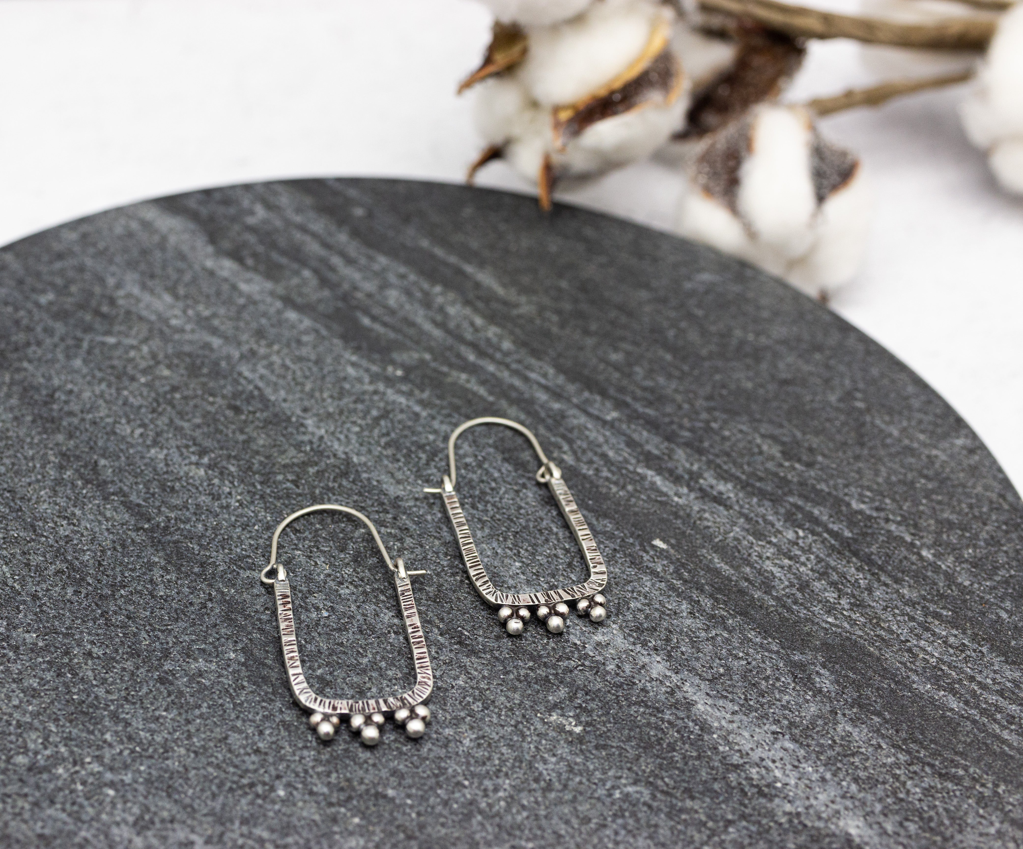 Rectangle Granulated Hoop Earrings in Sterling Silver Made To Order