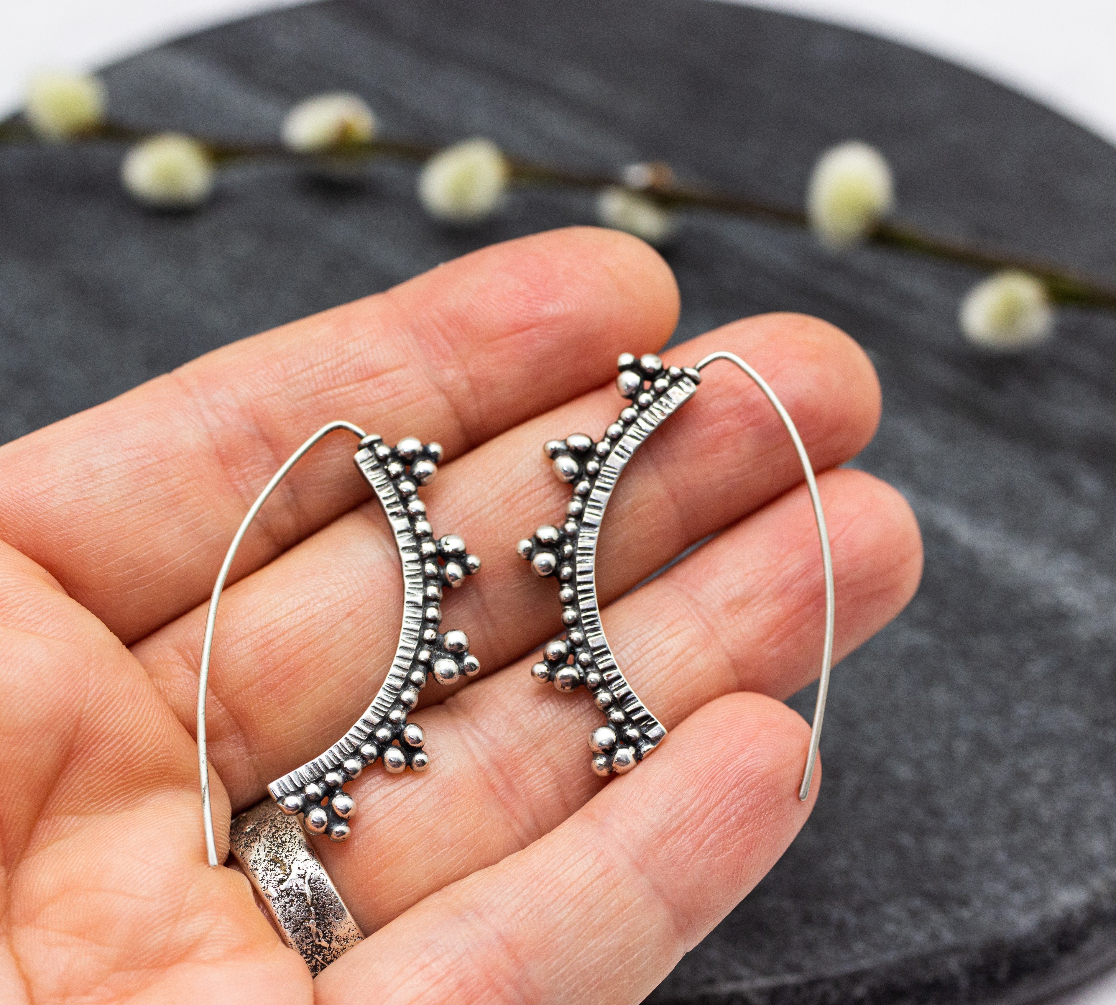 Granulated Arc Earrings in Sterling Silver Made To Order