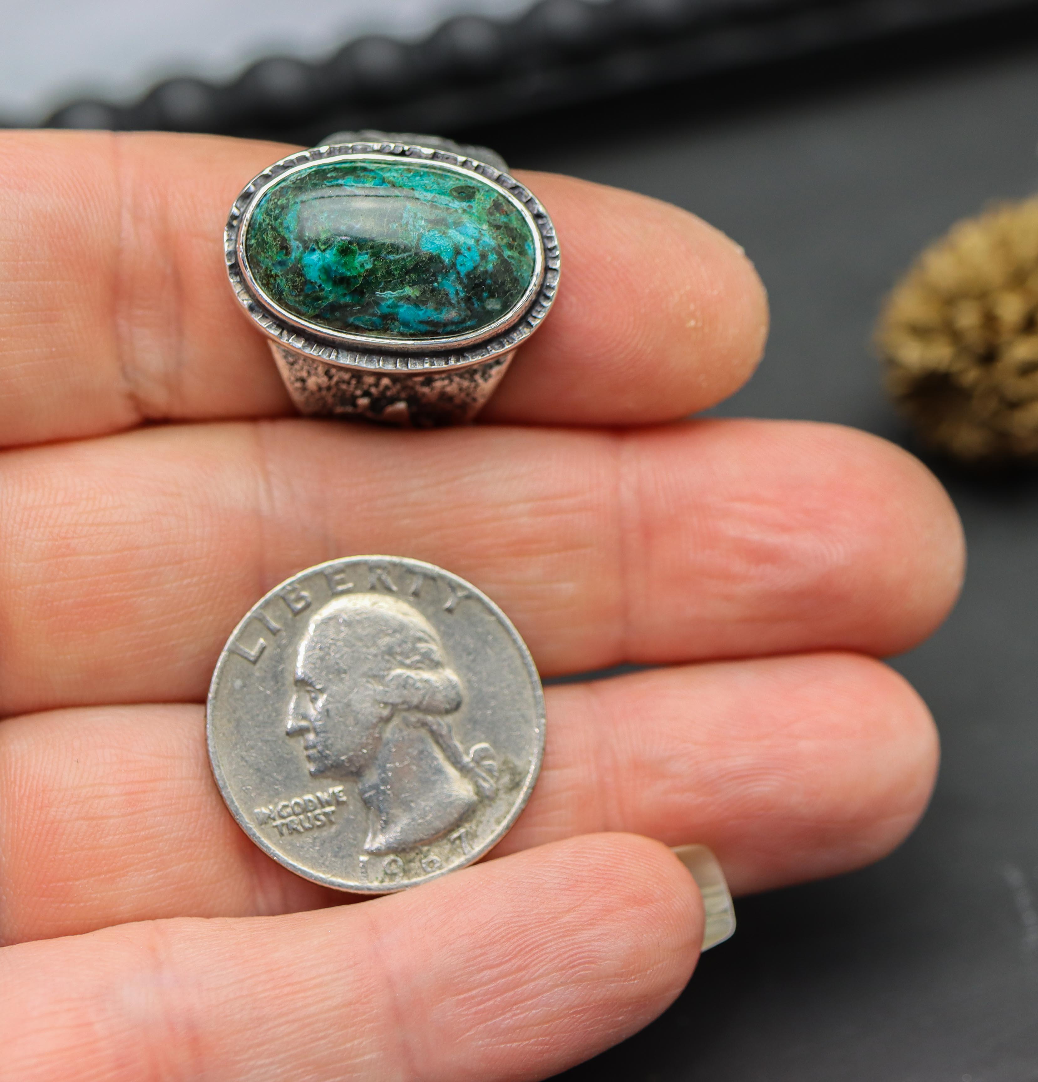 Chrysocolla in Quartz Sterling Silver Wide Band Ring