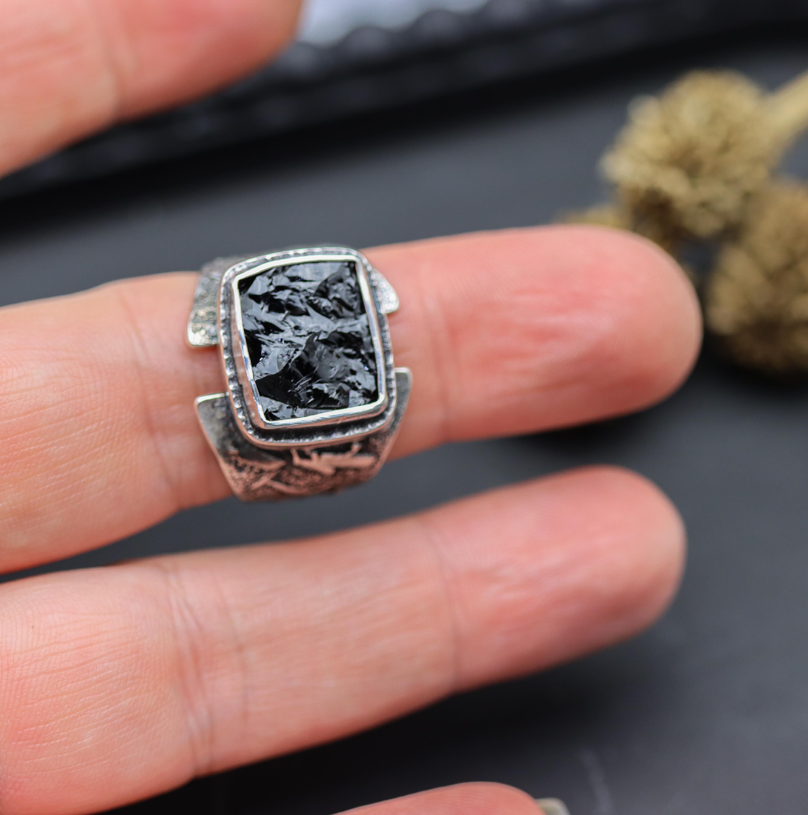 Raw Natural Surface Black Tourmaline Sterling Silver Wide Band Ring