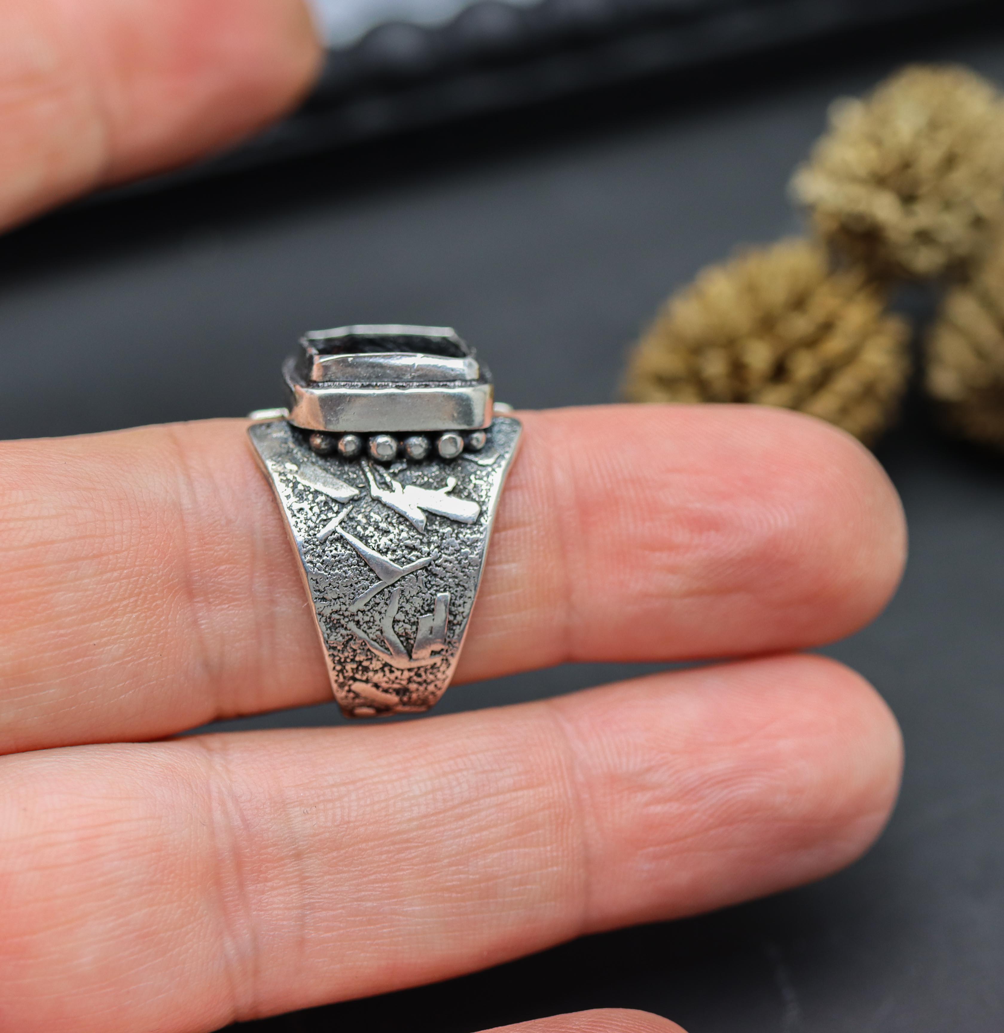 Raw Natural Surface Black Tourmaline Sterling Silver Wide Band Ring