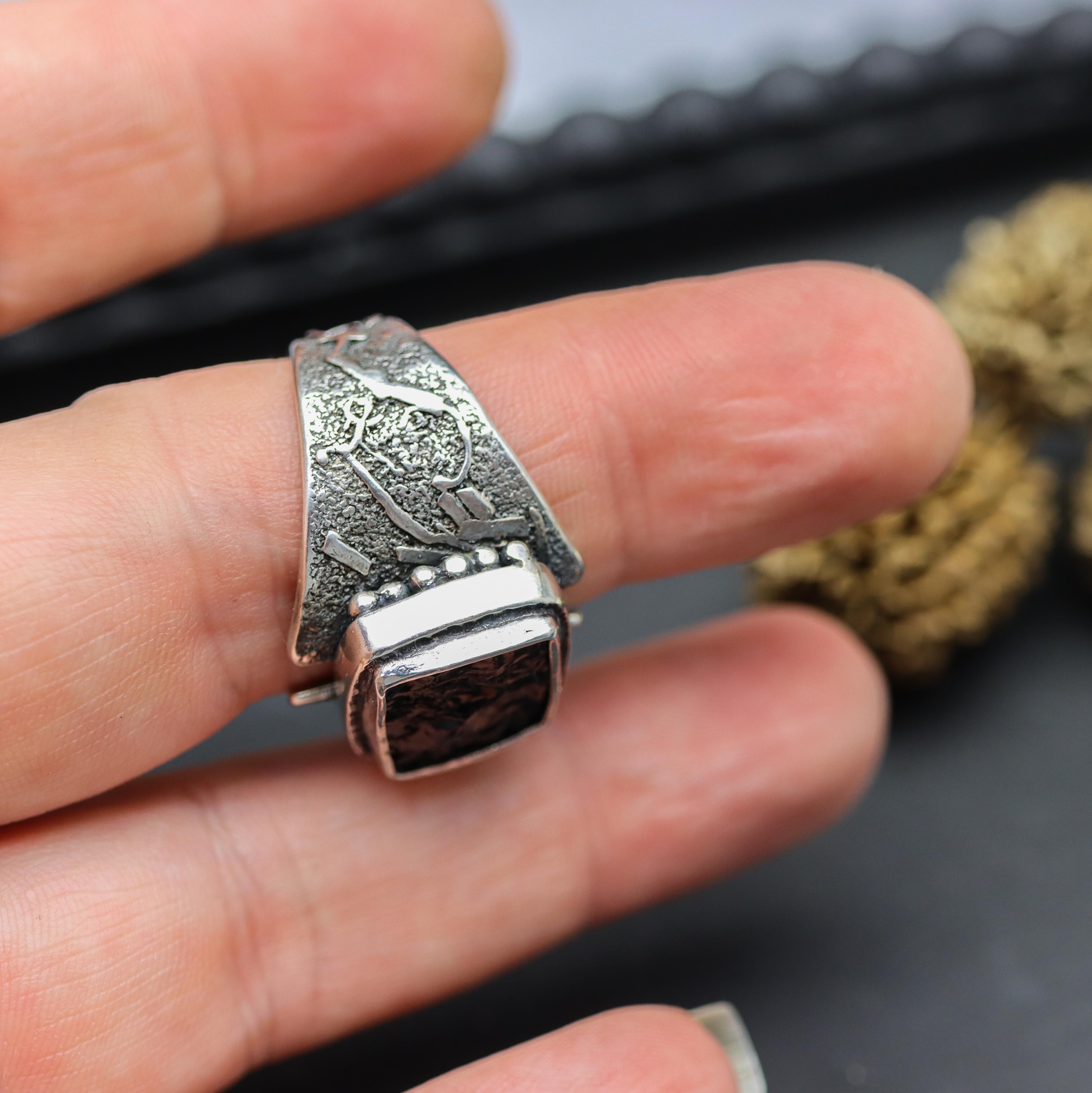 Raw Natural Surface Black Tourmaline Sterling Silver Wide Band Ring