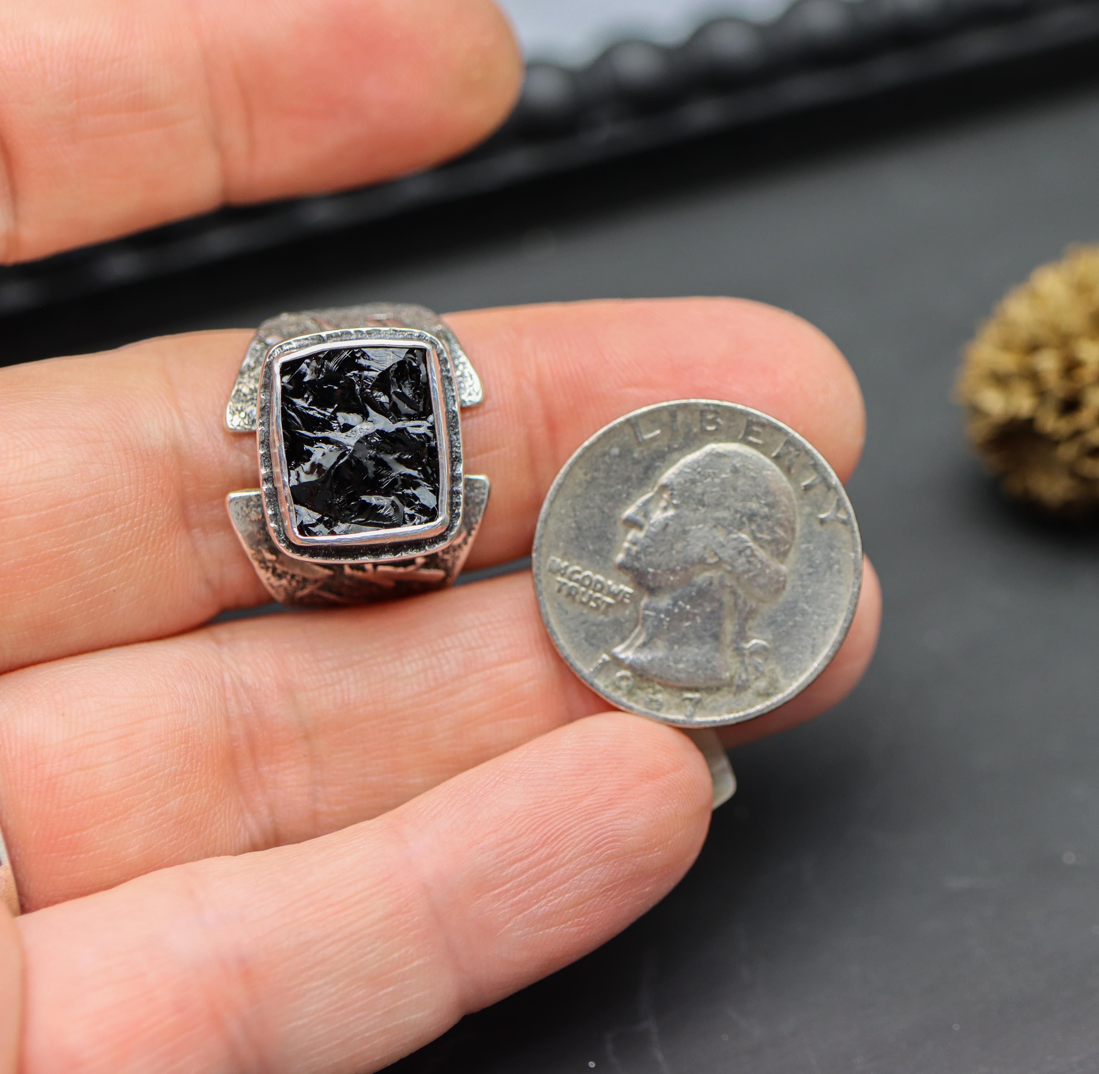 Raw Natural Surface Black Tourmaline Sterling Silver Wide Band Ring