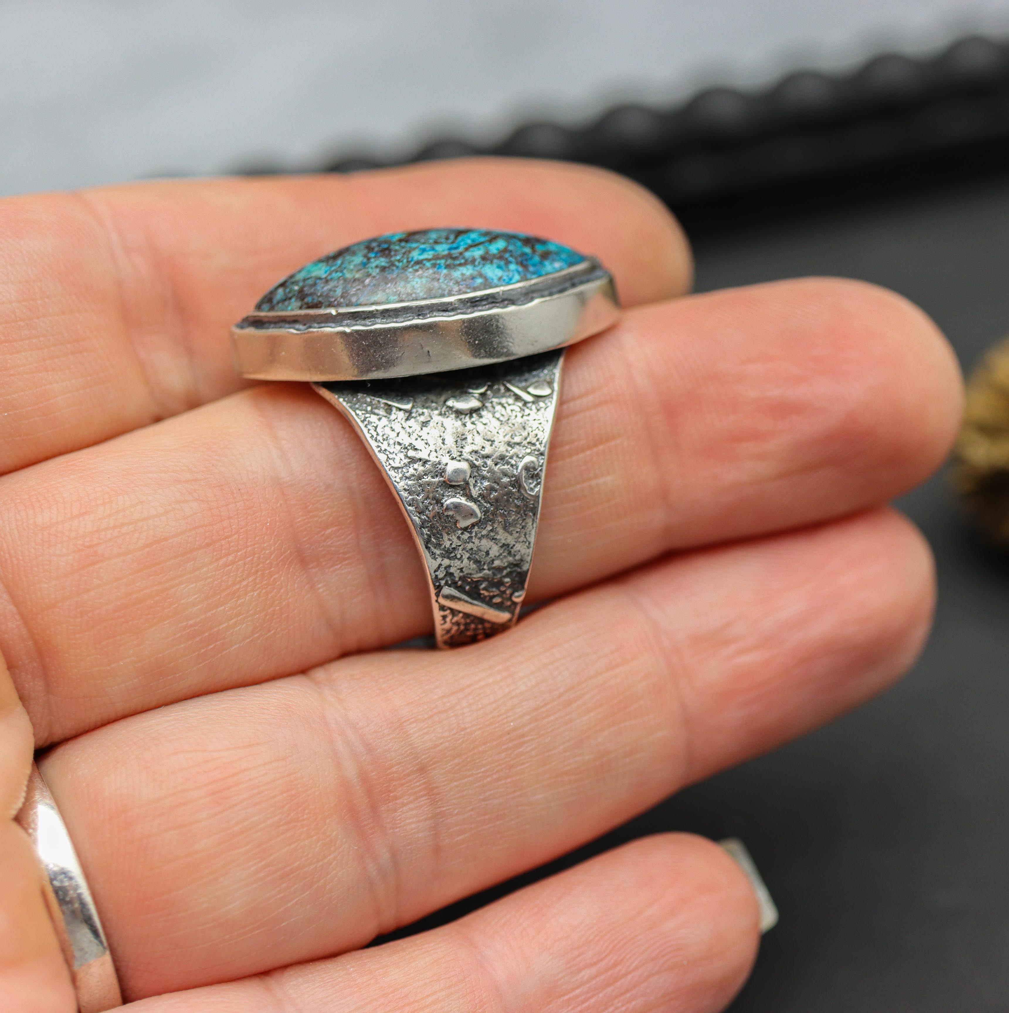 Blue Shattukite Sterling Silver Wide Band Ring