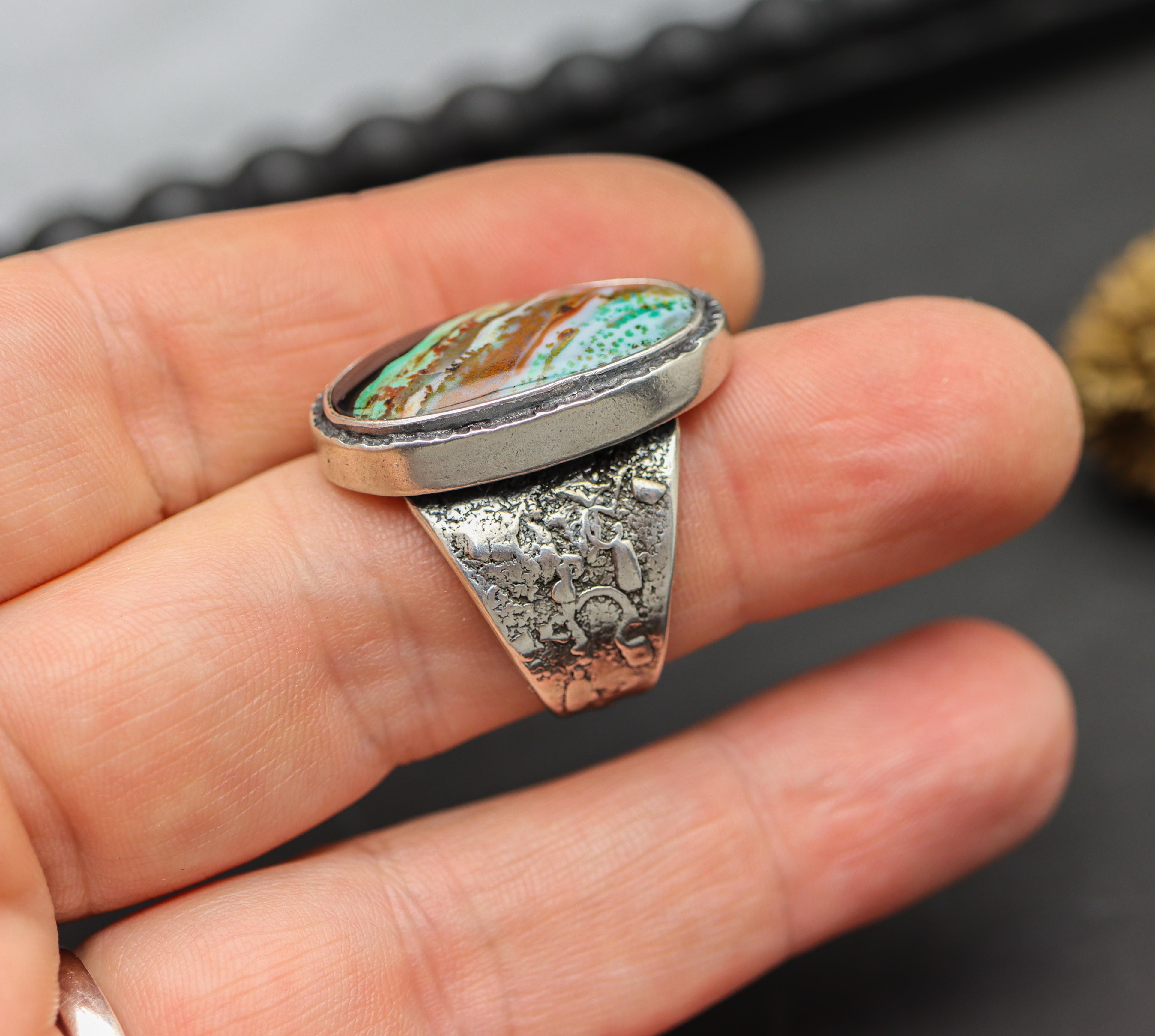 Petrified Opalized Wood Sterling Silver Wide Band Ring