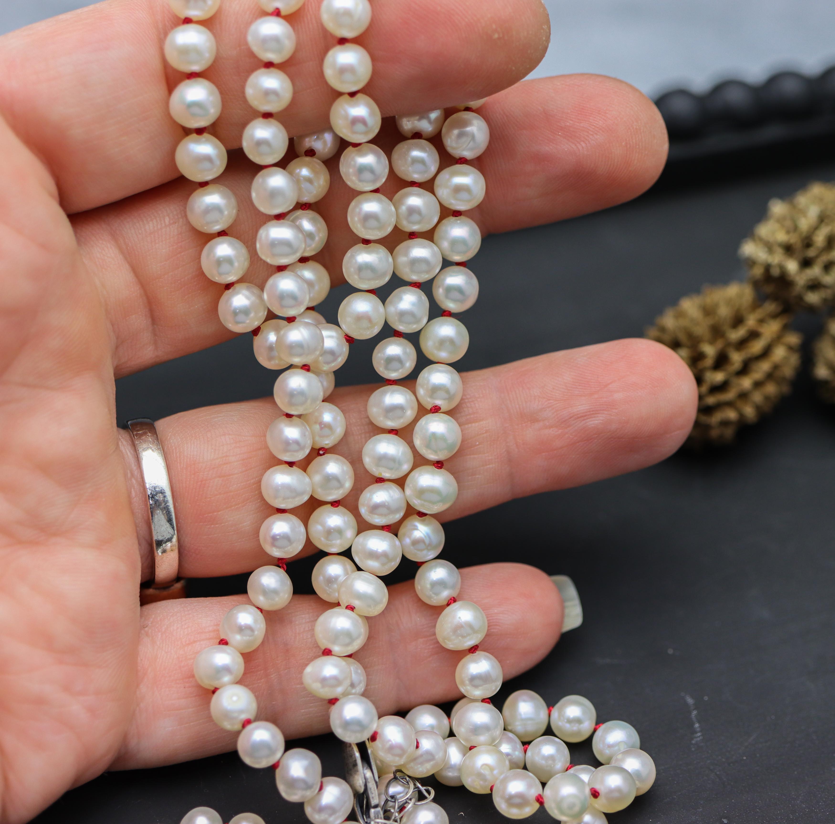 White Freshwater Pearl Hand Knotted Bead Necklace Sterling Silver