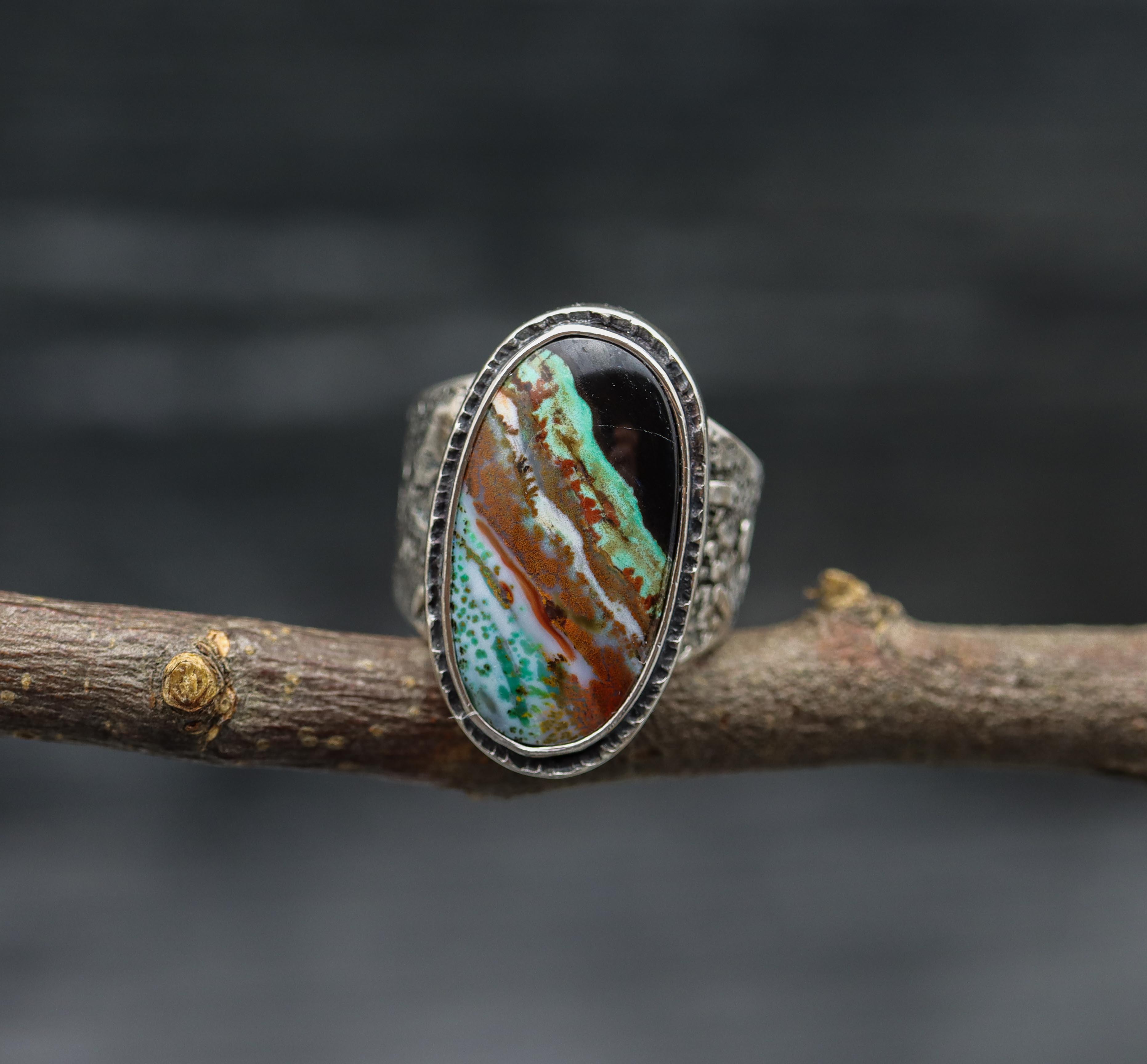 Petrified Opalized Wood Sterling Silver Wide Band Ring