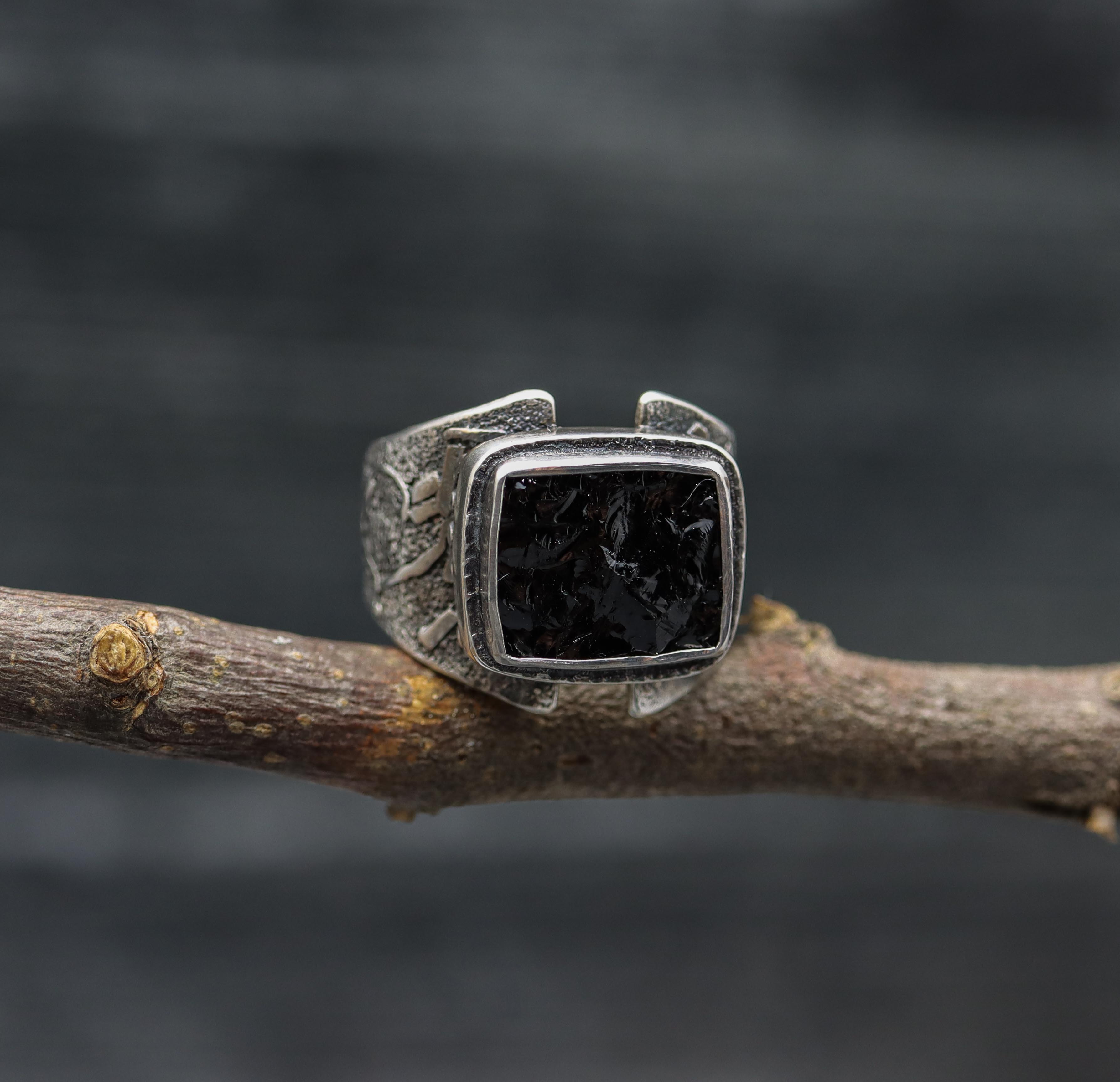 Raw Natural Surface Black Tourmaline Sterling Silver Wide Band Ring
