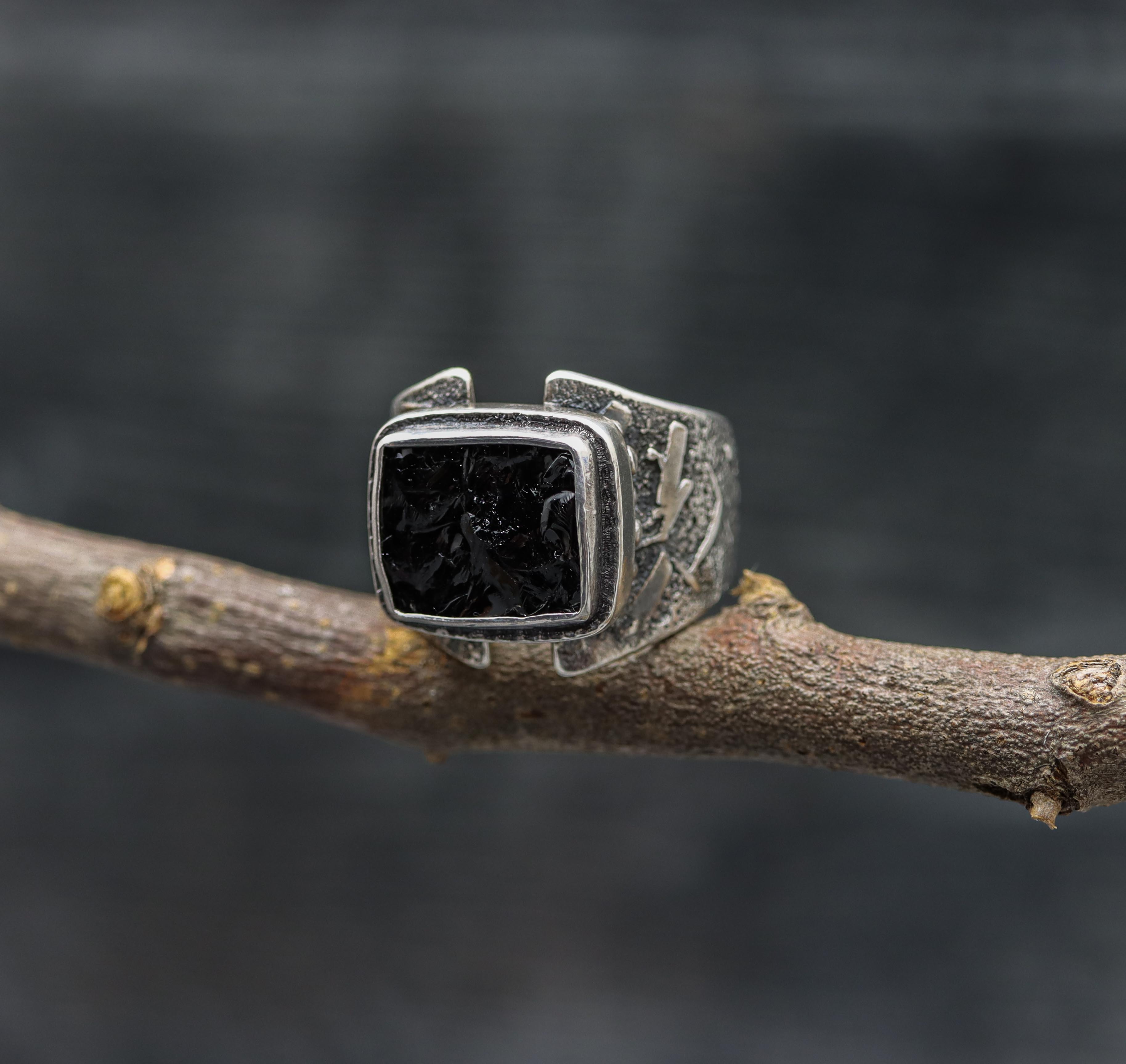 Raw Natural Surface Black Tourmaline Sterling Silver Wide Band Ring