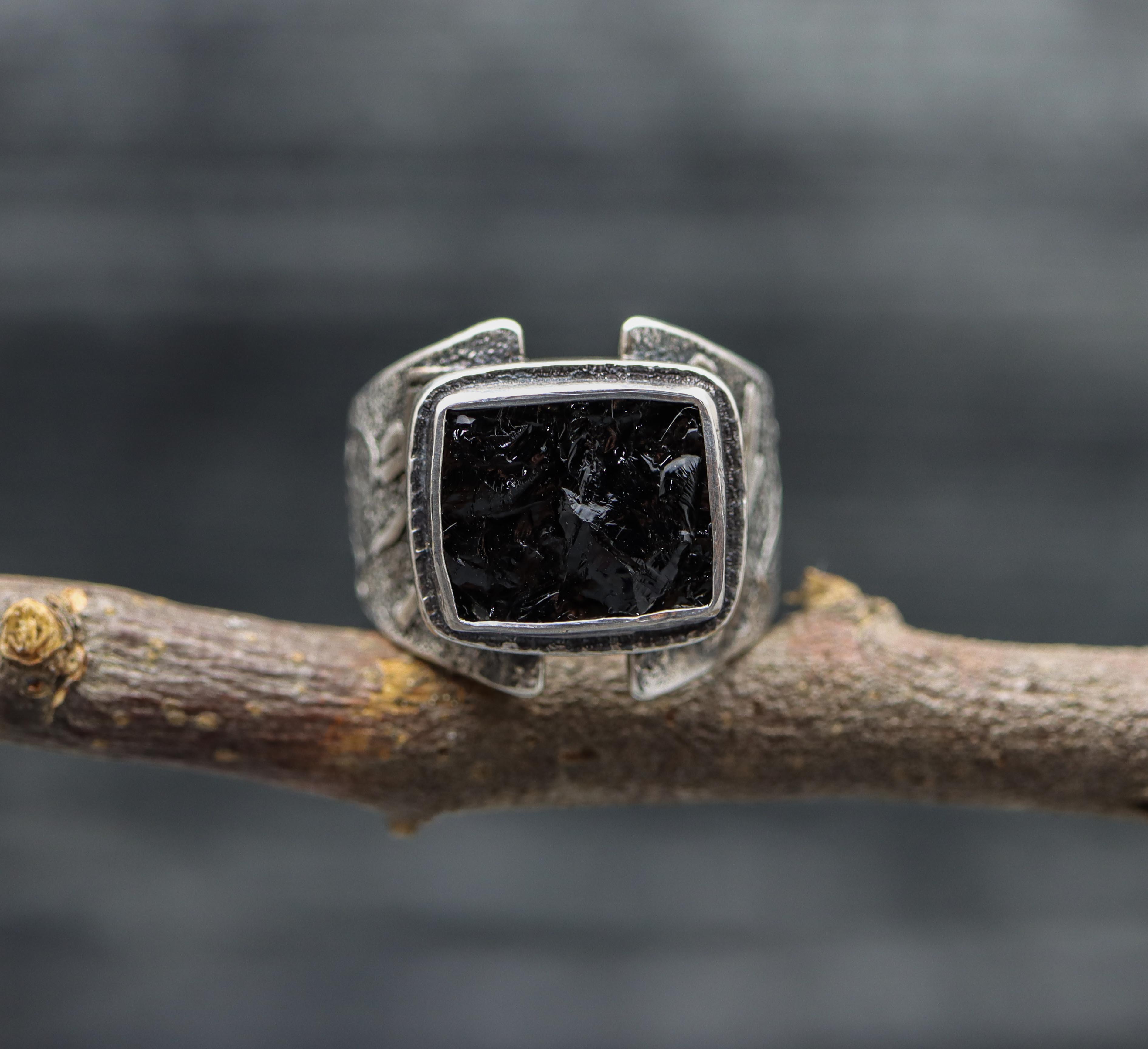 Raw Natural Surface Black Tourmaline Sterling Silver Wide Band Ring