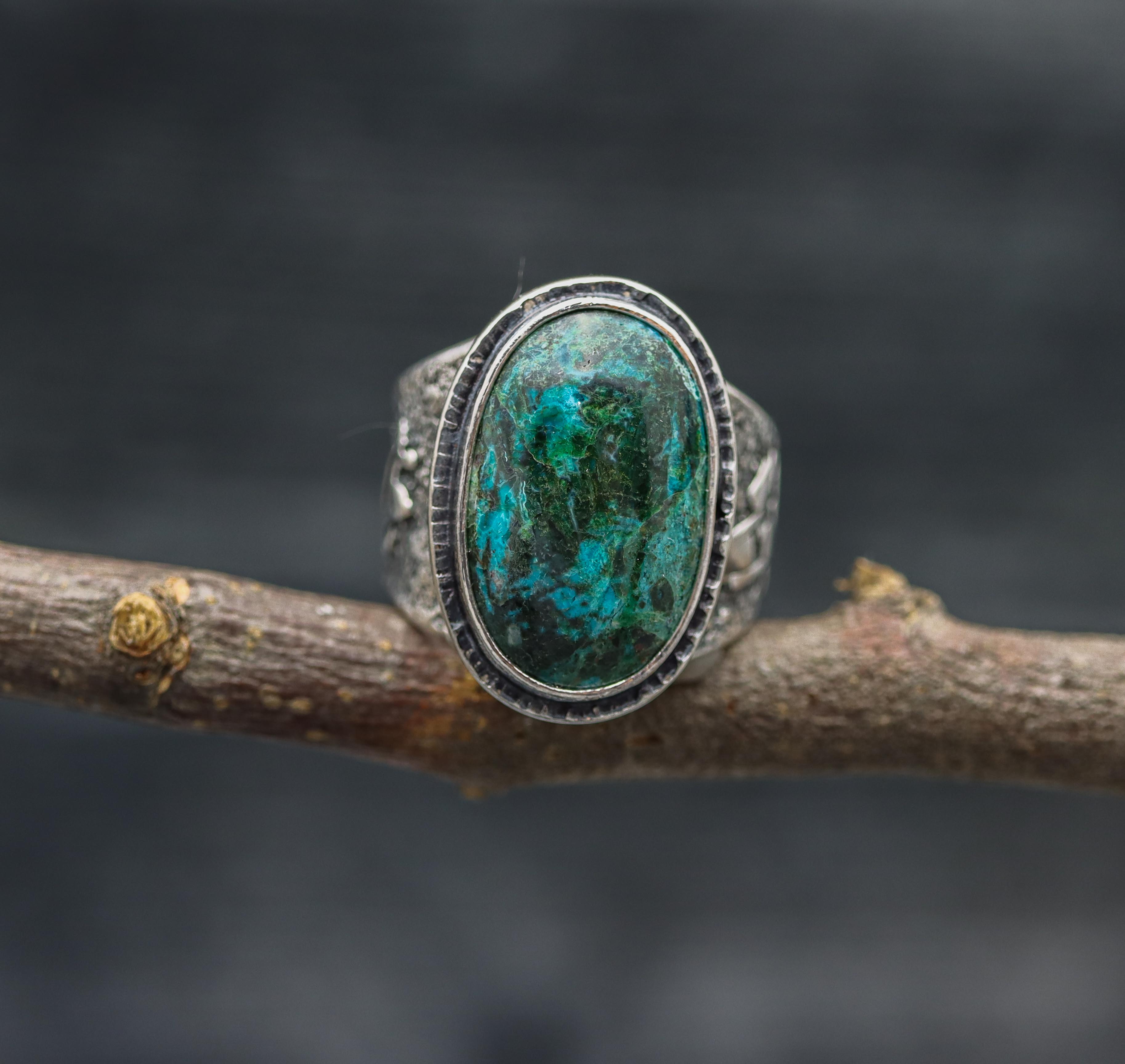 Chrysocolla in Quartz Sterling Silver Wide Band Ring