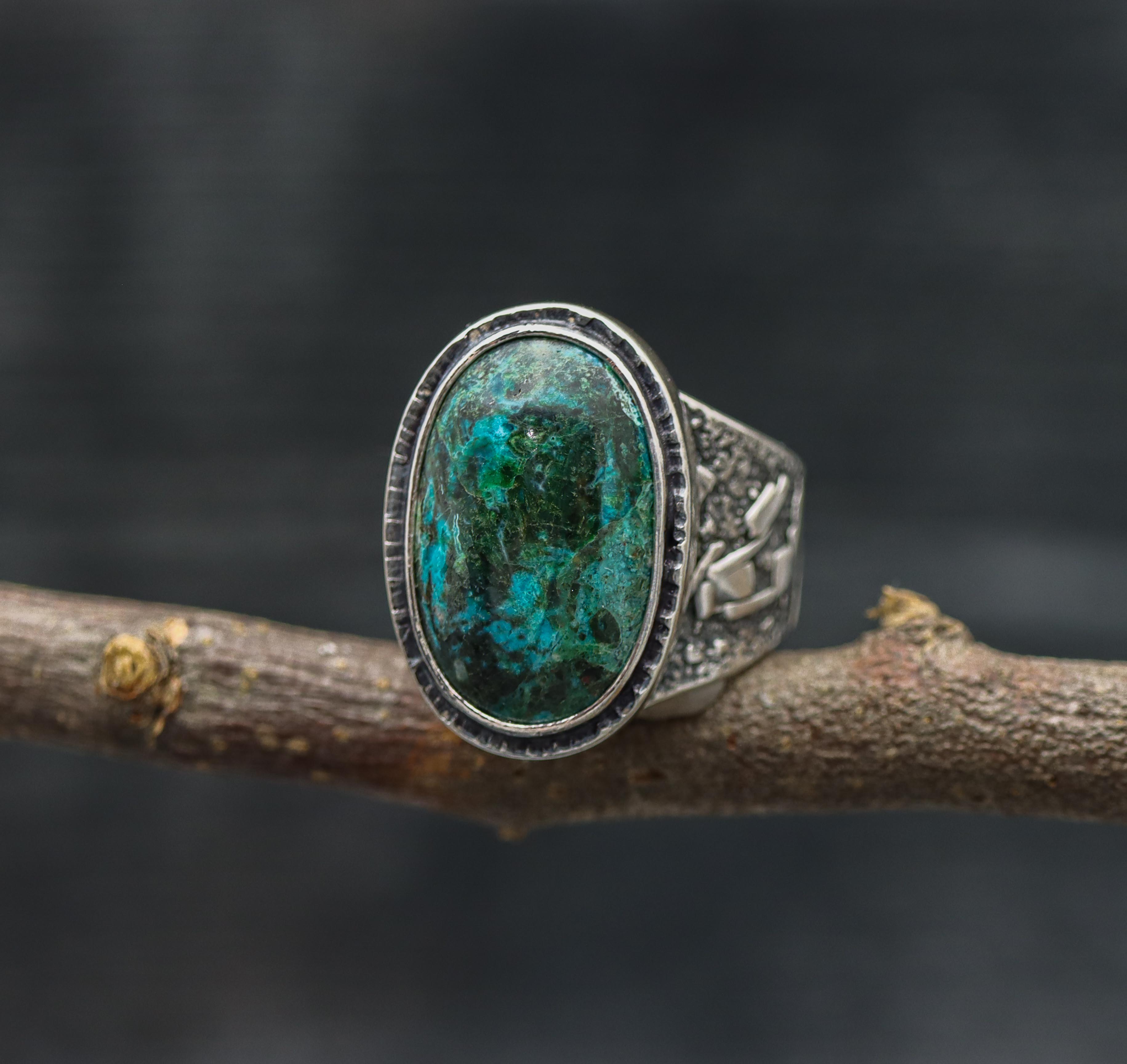 Chrysocolla in Quartz Sterling Silver Wide Band Ring