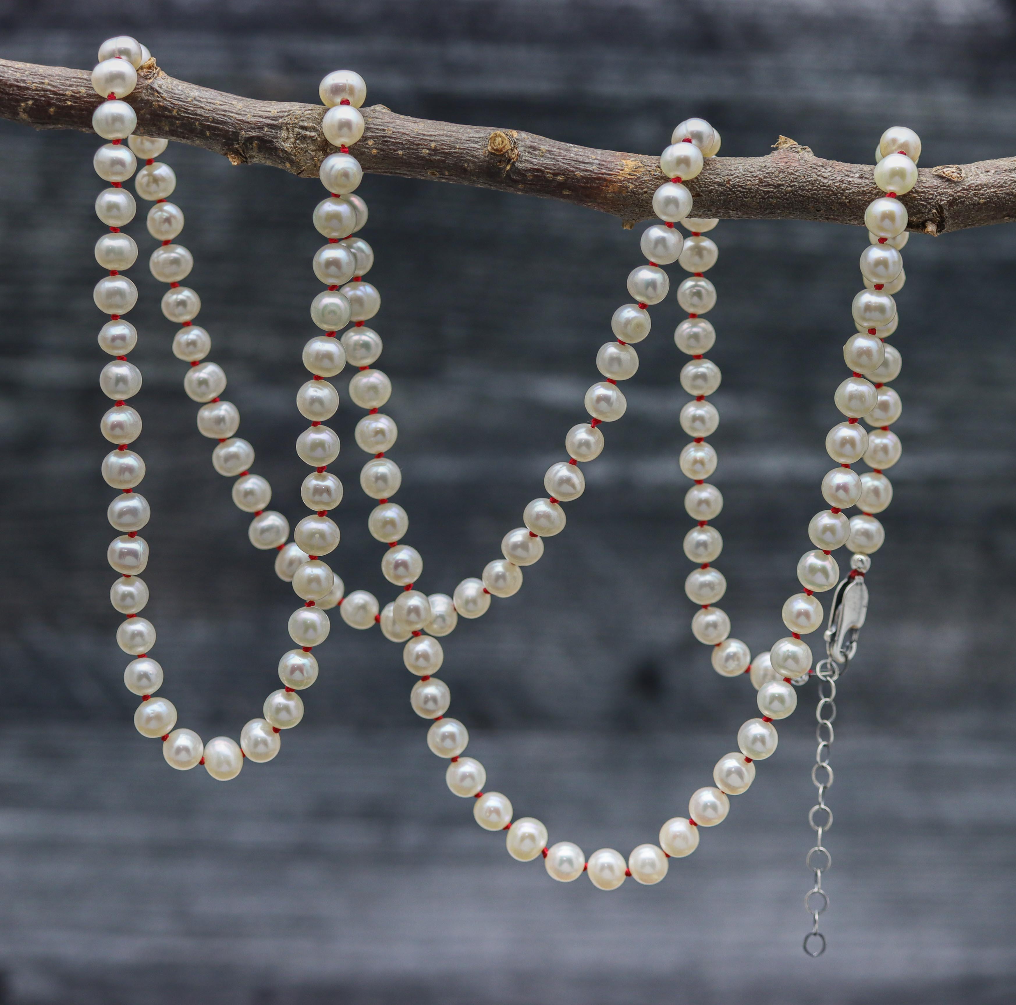 White Freshwater Pearl Hand Knotted Bead Necklace Sterling Silver