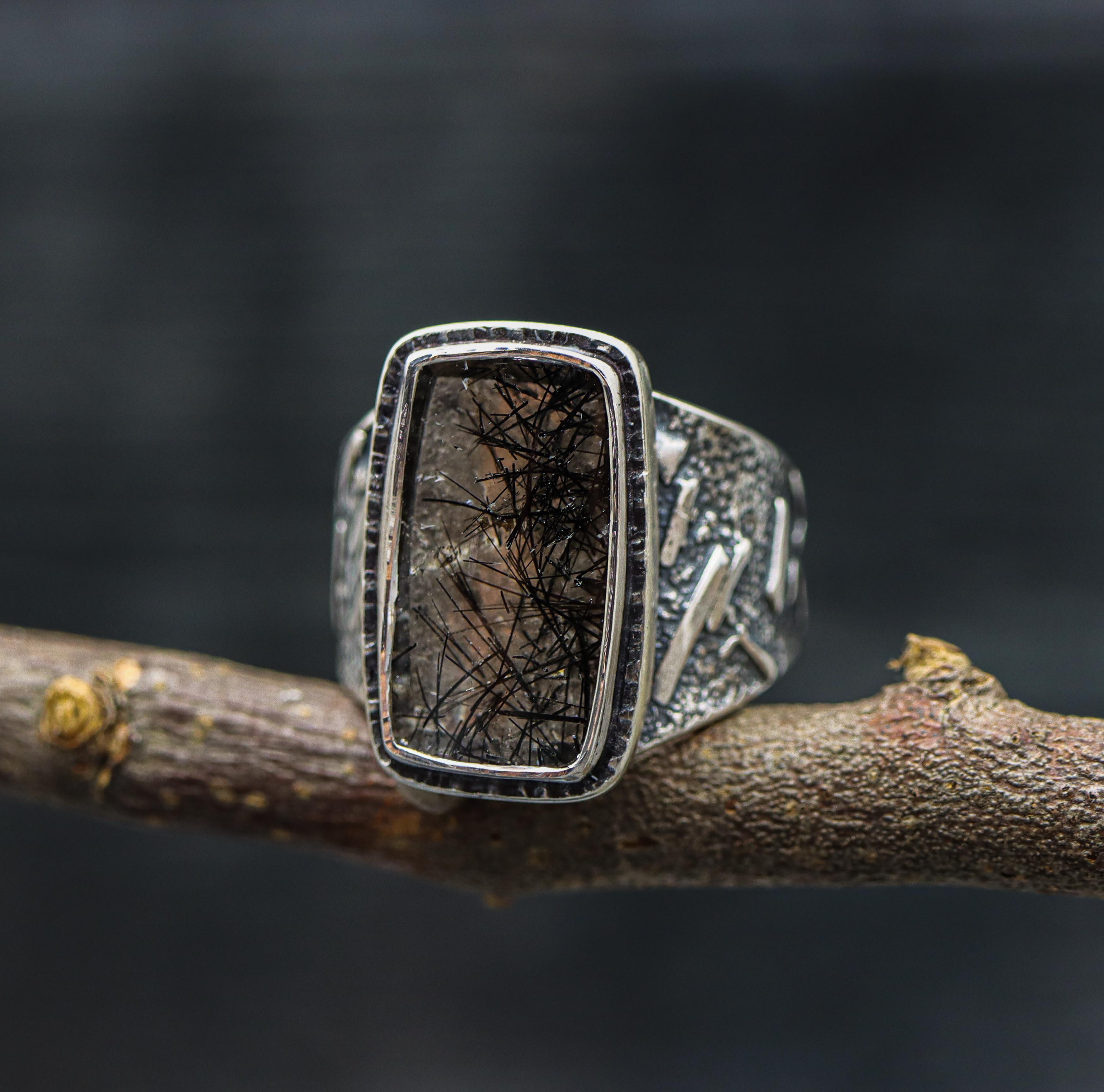 Black Tourmalinated Quartz Sterling Silver Wide Band Ring