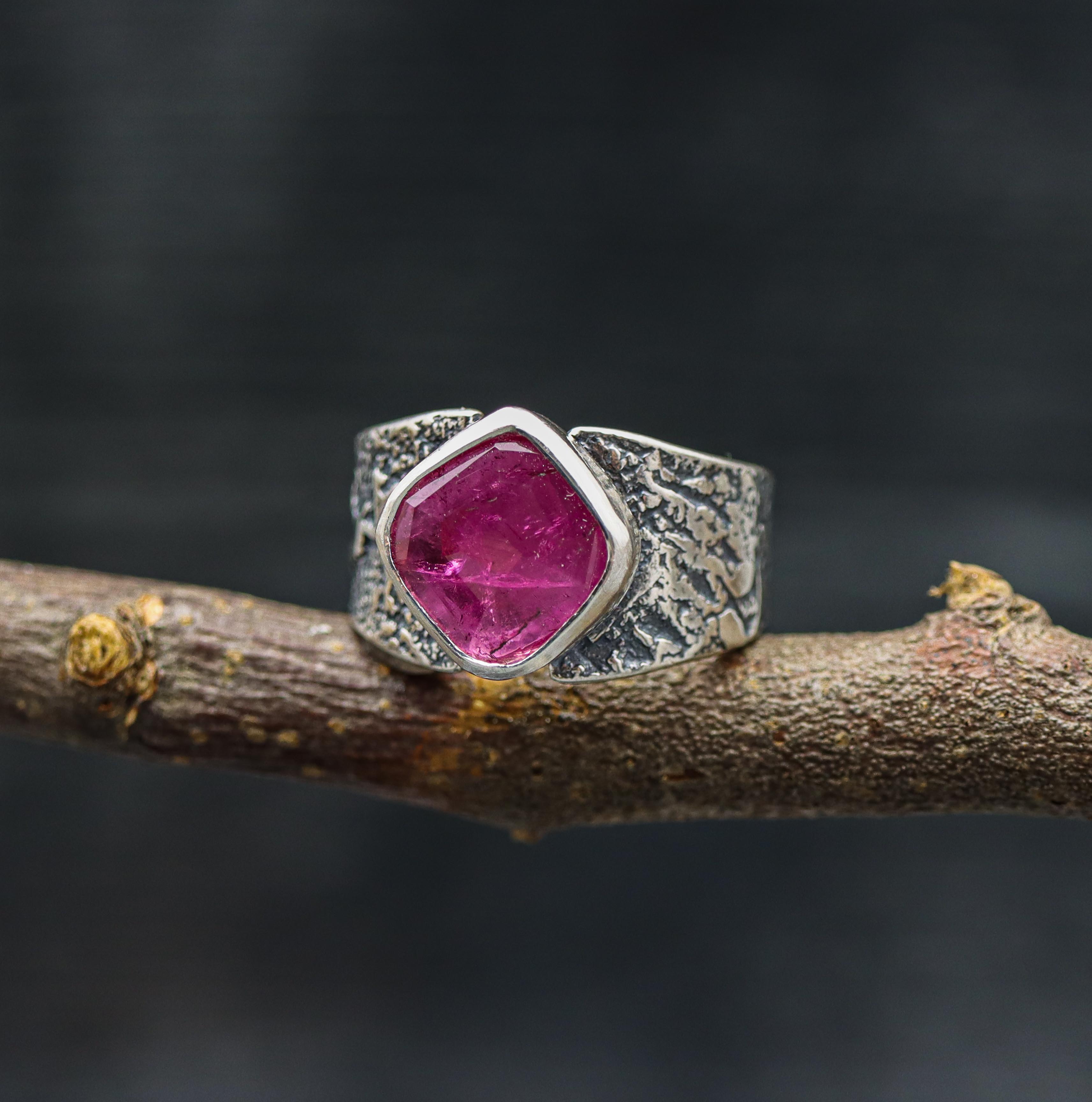 Pink Tourmaline Sterling Silver Wide Band Ring