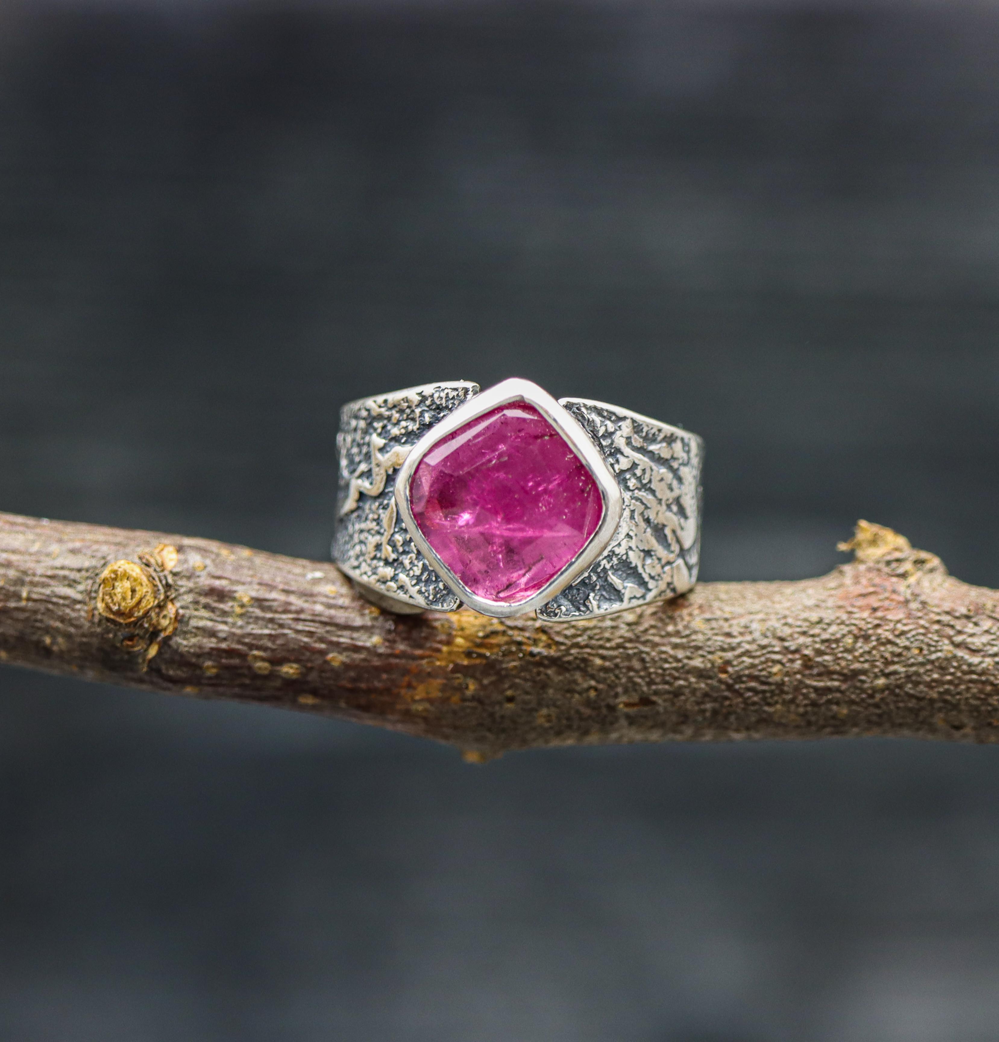 Pink Tourmaline Sterling Silver Wide Band Ring