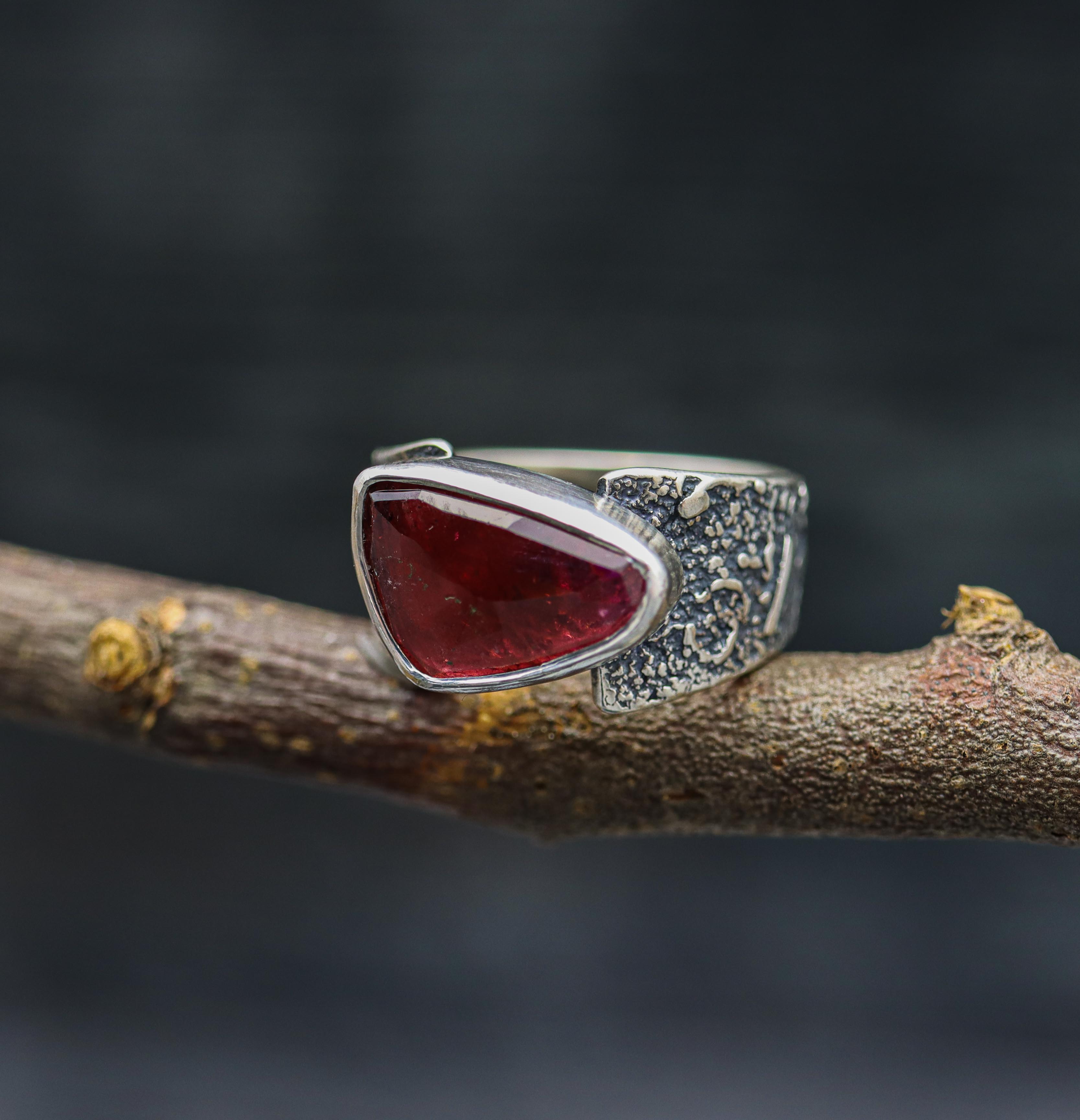 Pink Tourmaline Sterling Silver Wide Band Ring