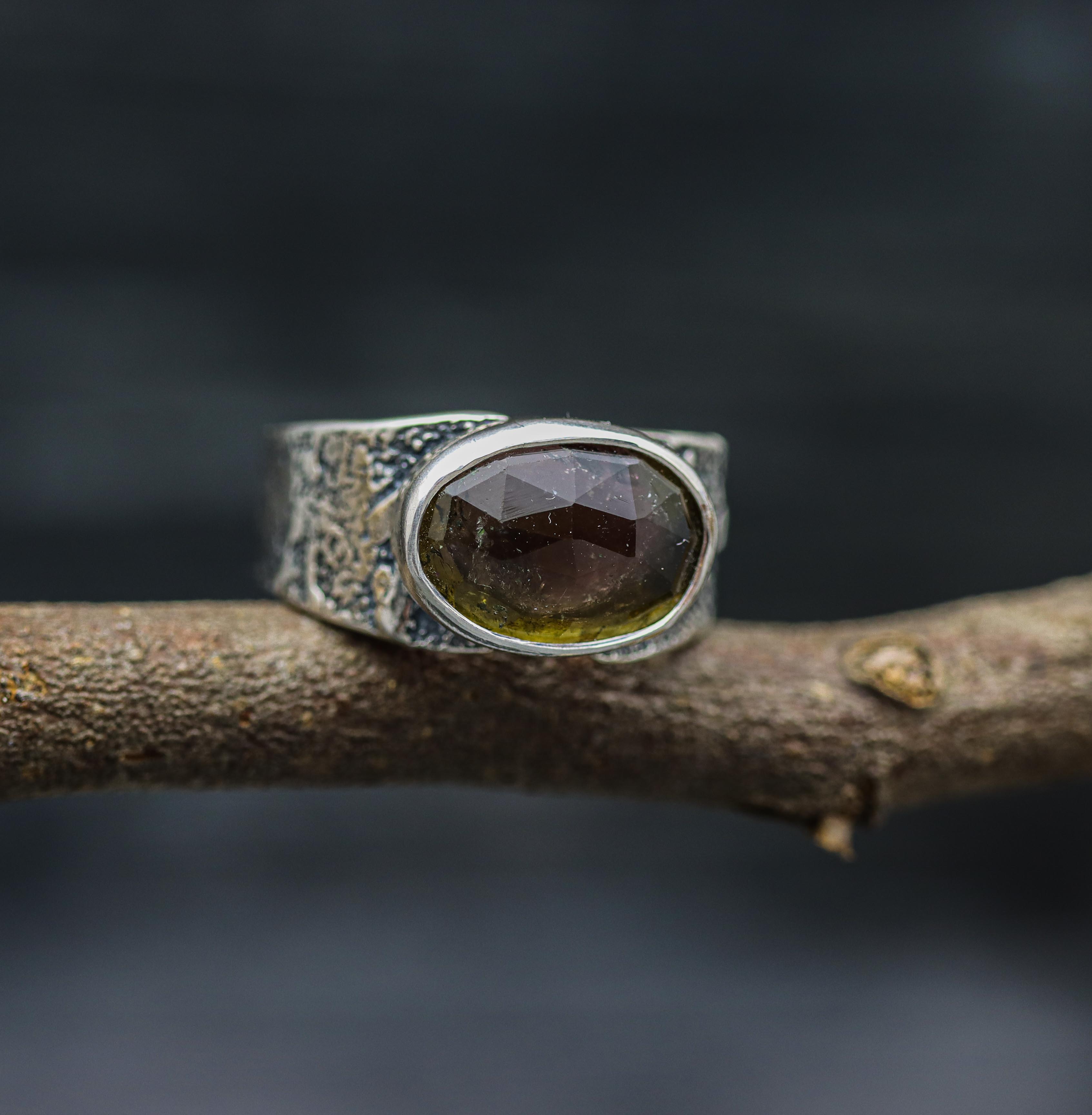 Watermelon Tourmaline Sterling Silver Wide Band Ring