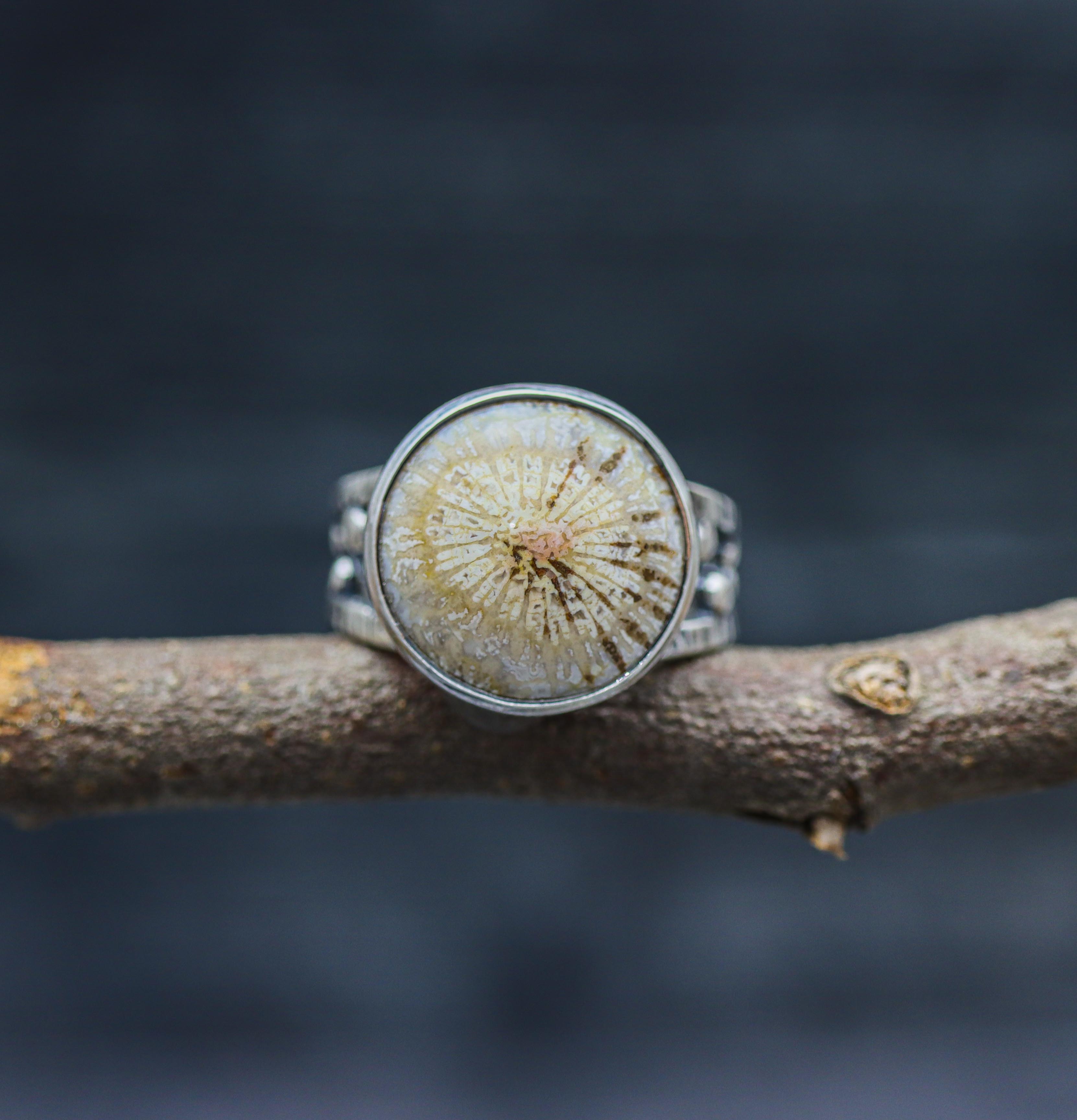 Fossil Coral Sterling Silver Bubble Band Ring Size 8.5