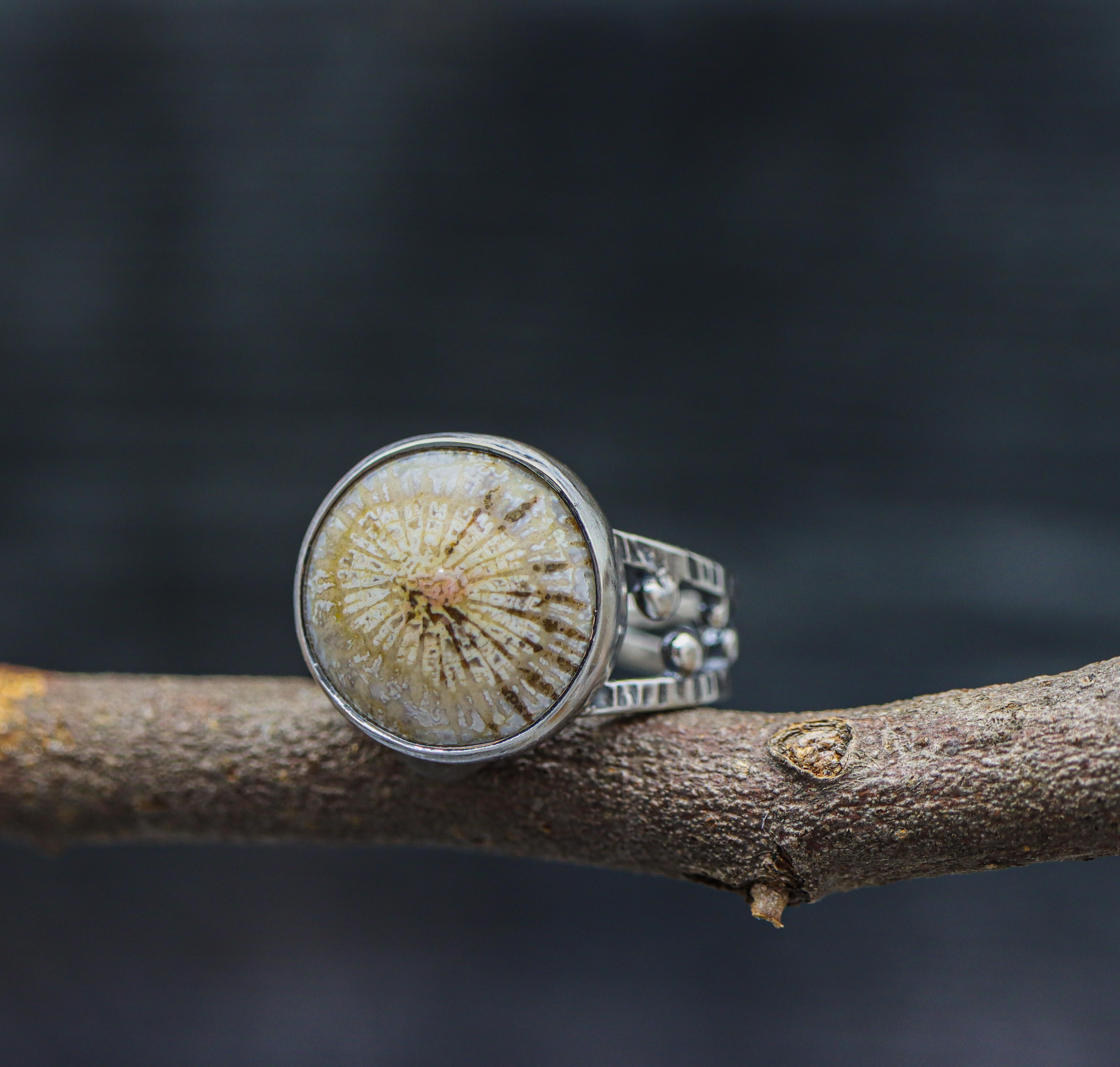 Fossil Coral Sterling Silver Bubble Band Ring Size 8.5