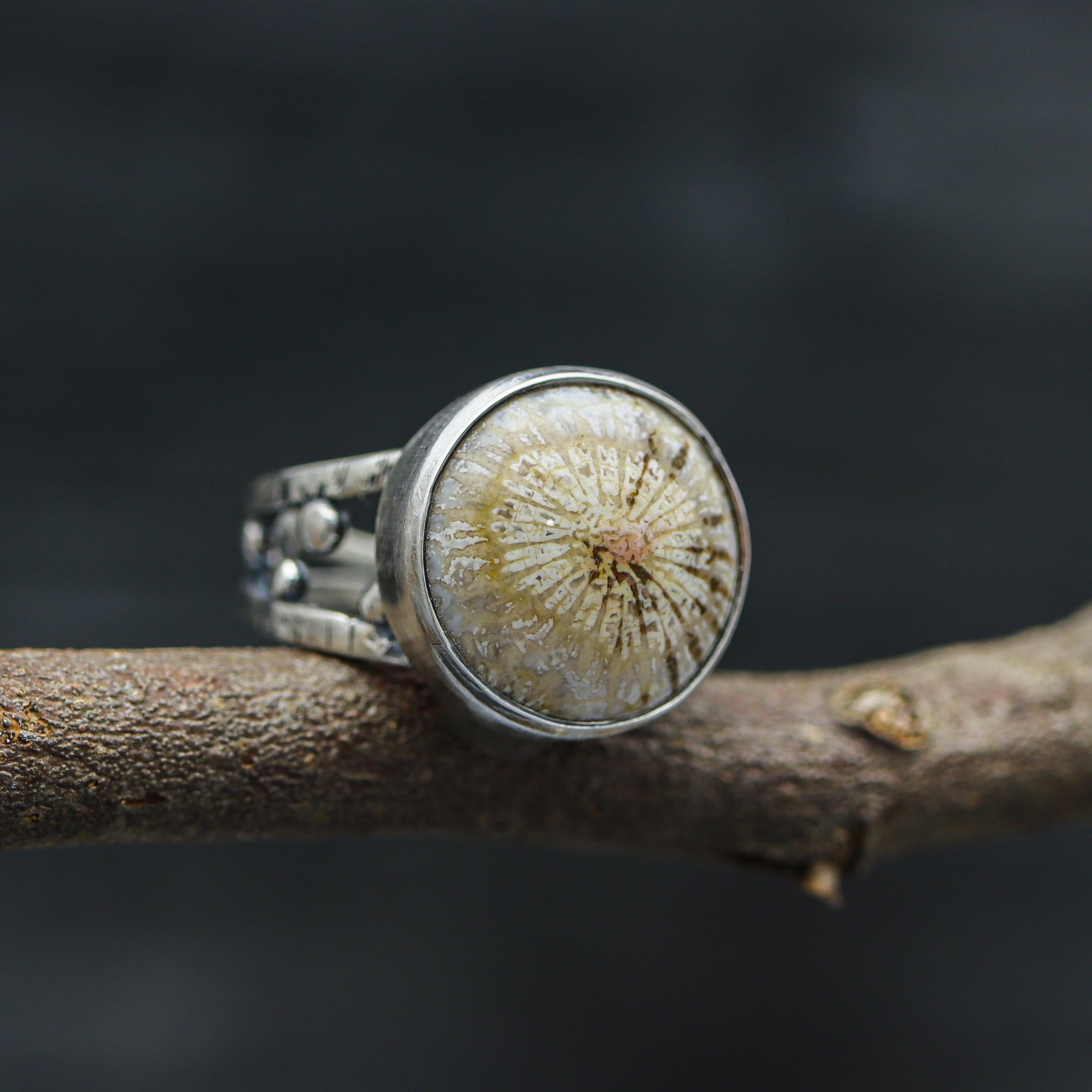 Fossil Coral Sterling Silver Bubble Band Ring Size 8.5