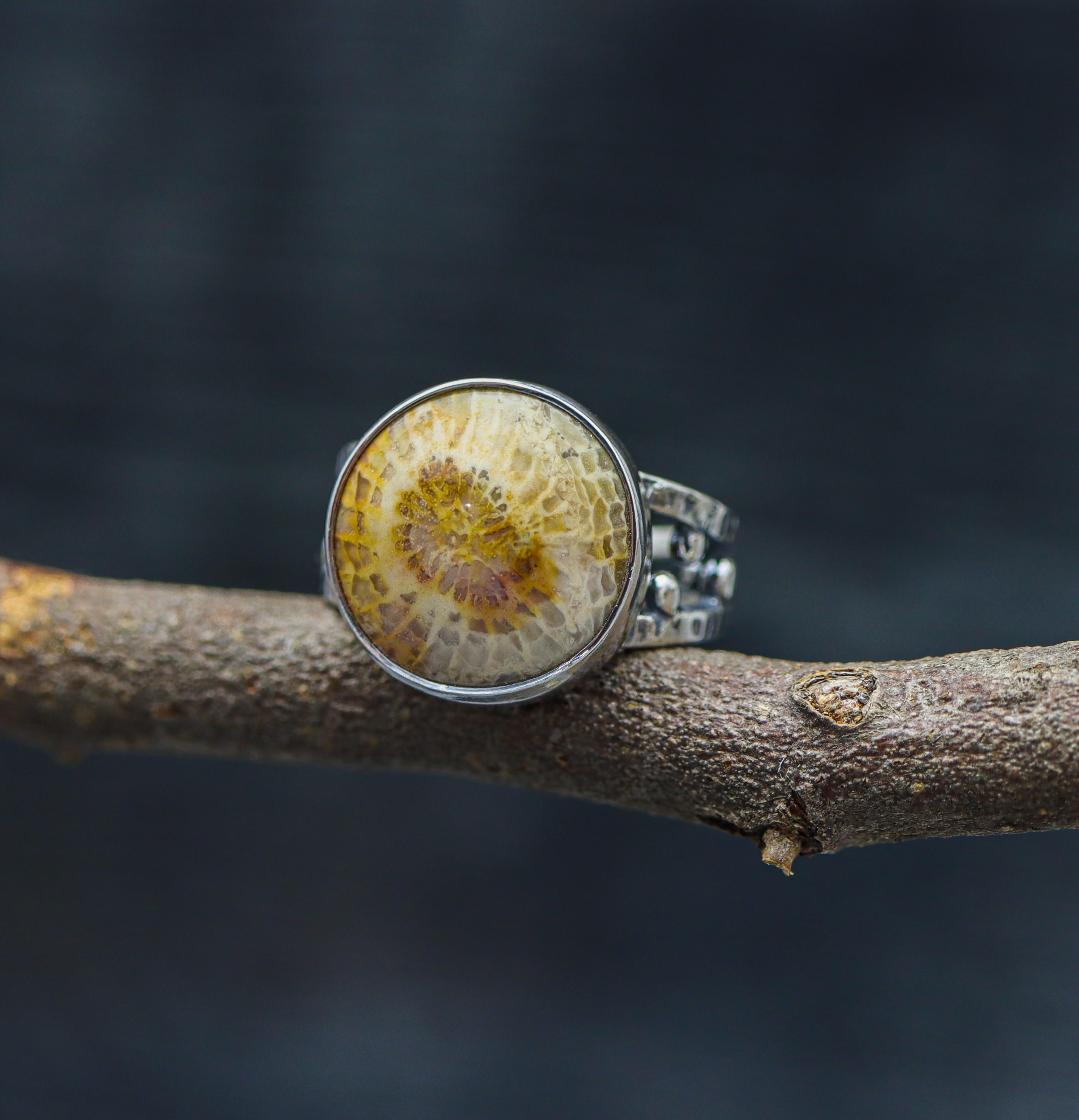 Fossil Coral Sterling Silver Bubble Band Ring Size 7.25