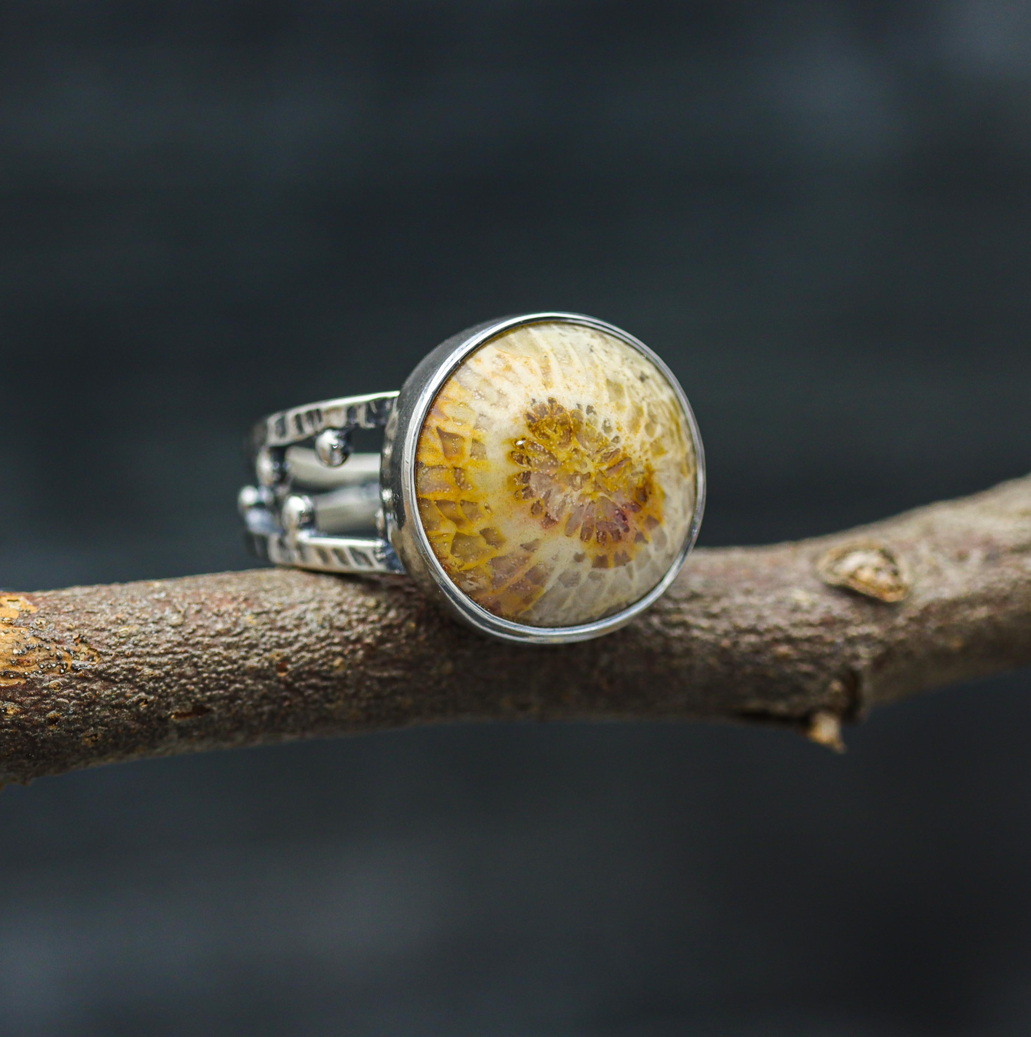 Fossil Coral Sterling Silver Bubble Band Ring Size 7.25