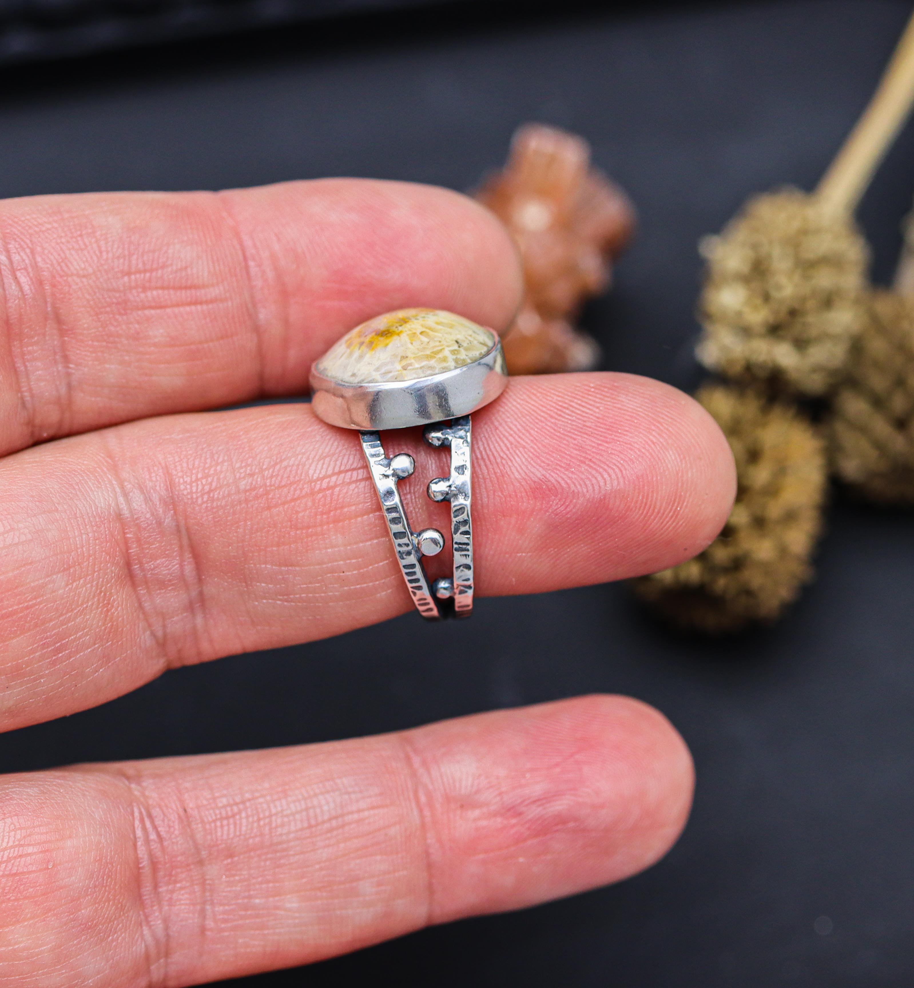 Fossil Coral Sterling Silver Bubble Band Ring Size 7.25