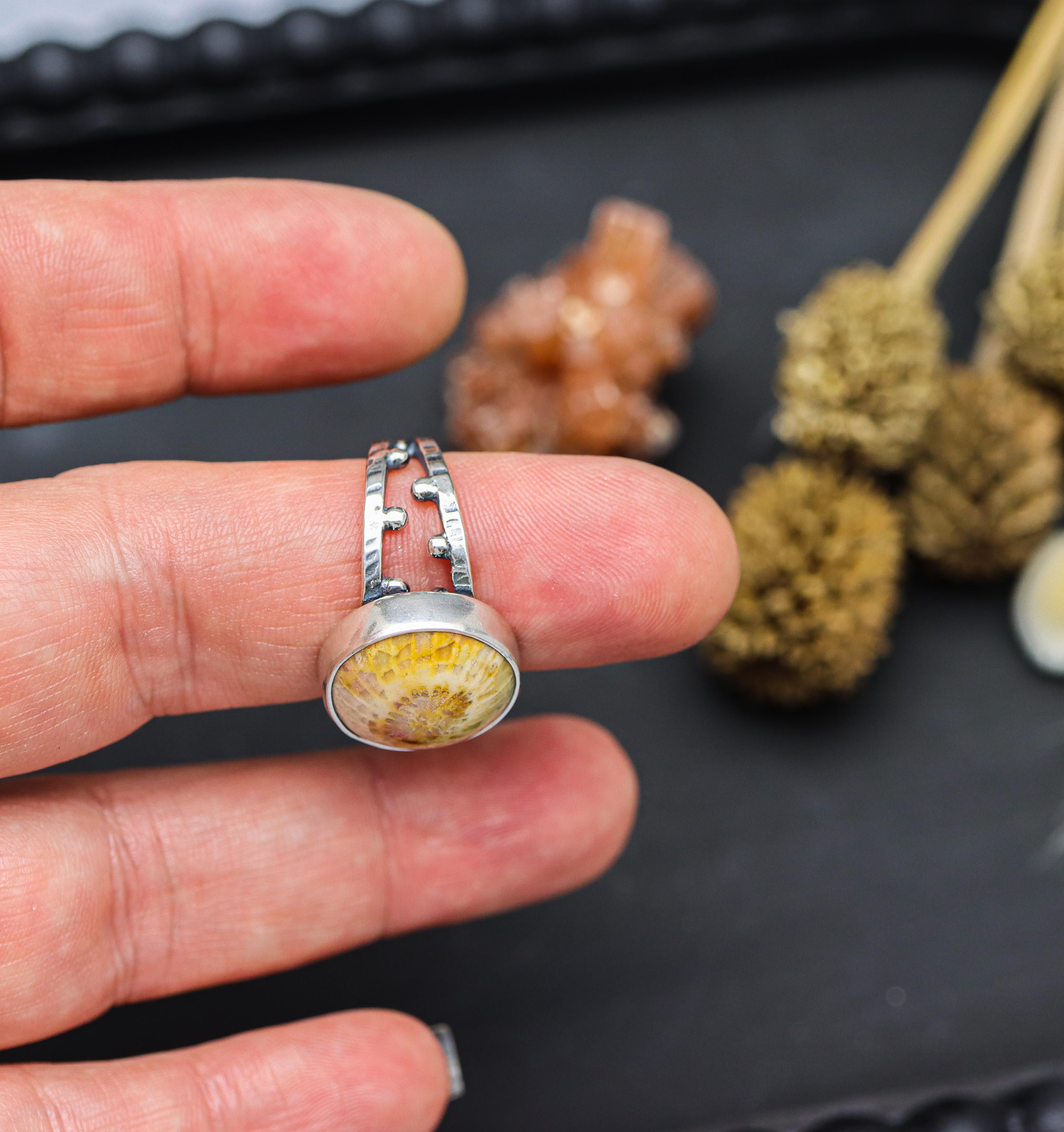 Fossil Coral Sterling Silver Bubble Band Ring Size 7.25