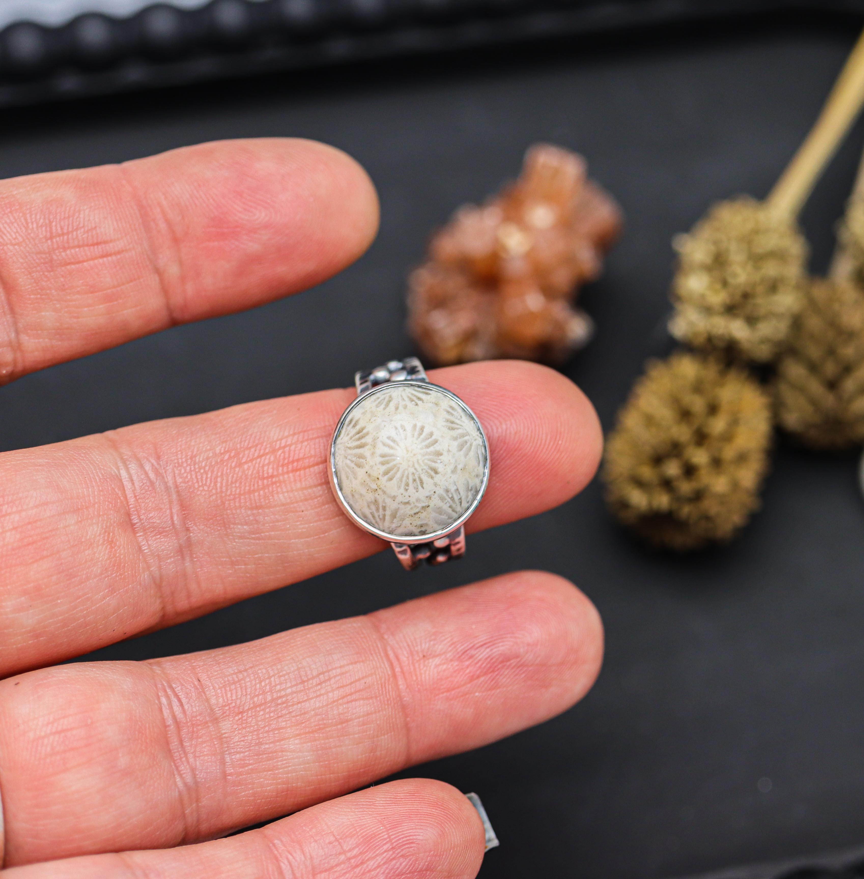 Fossil Coral Sterling Silver Bubble Band Ring Size 8.75