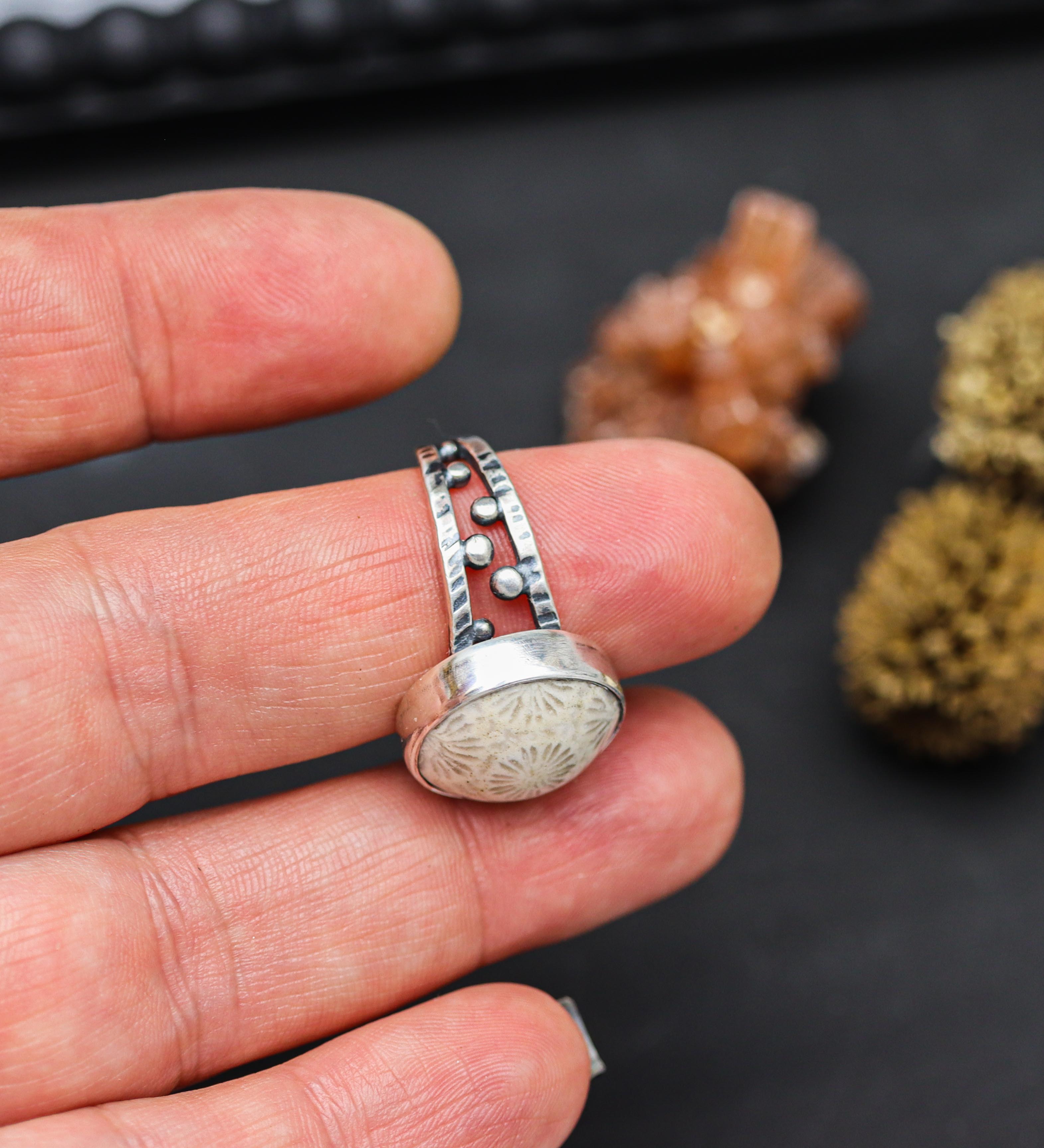 Fossil Coral Sterling Silver Bubble Band Ring Size 8.75