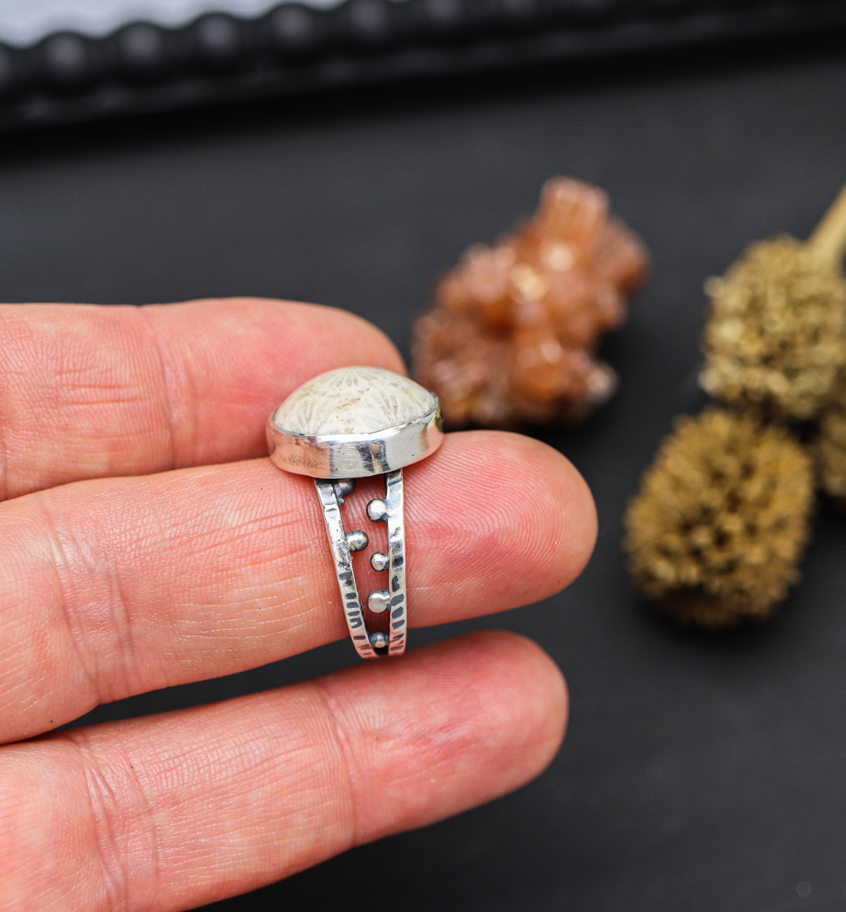 Fossil Coral Sterling Silver Bubble Band Ring Size 8.75