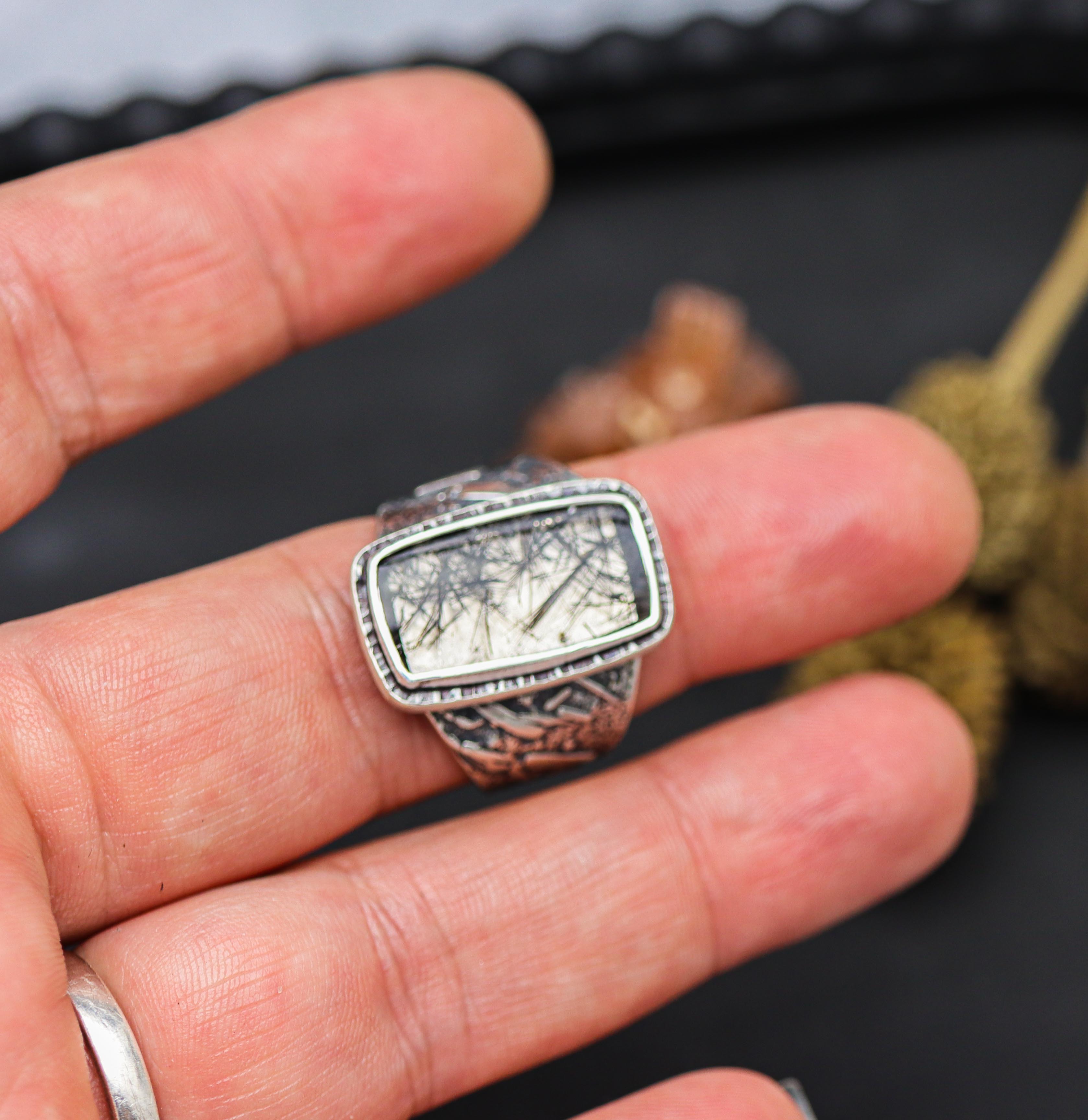 Black Tourmalinated Quartz Sterling Silver Wide Band Ring