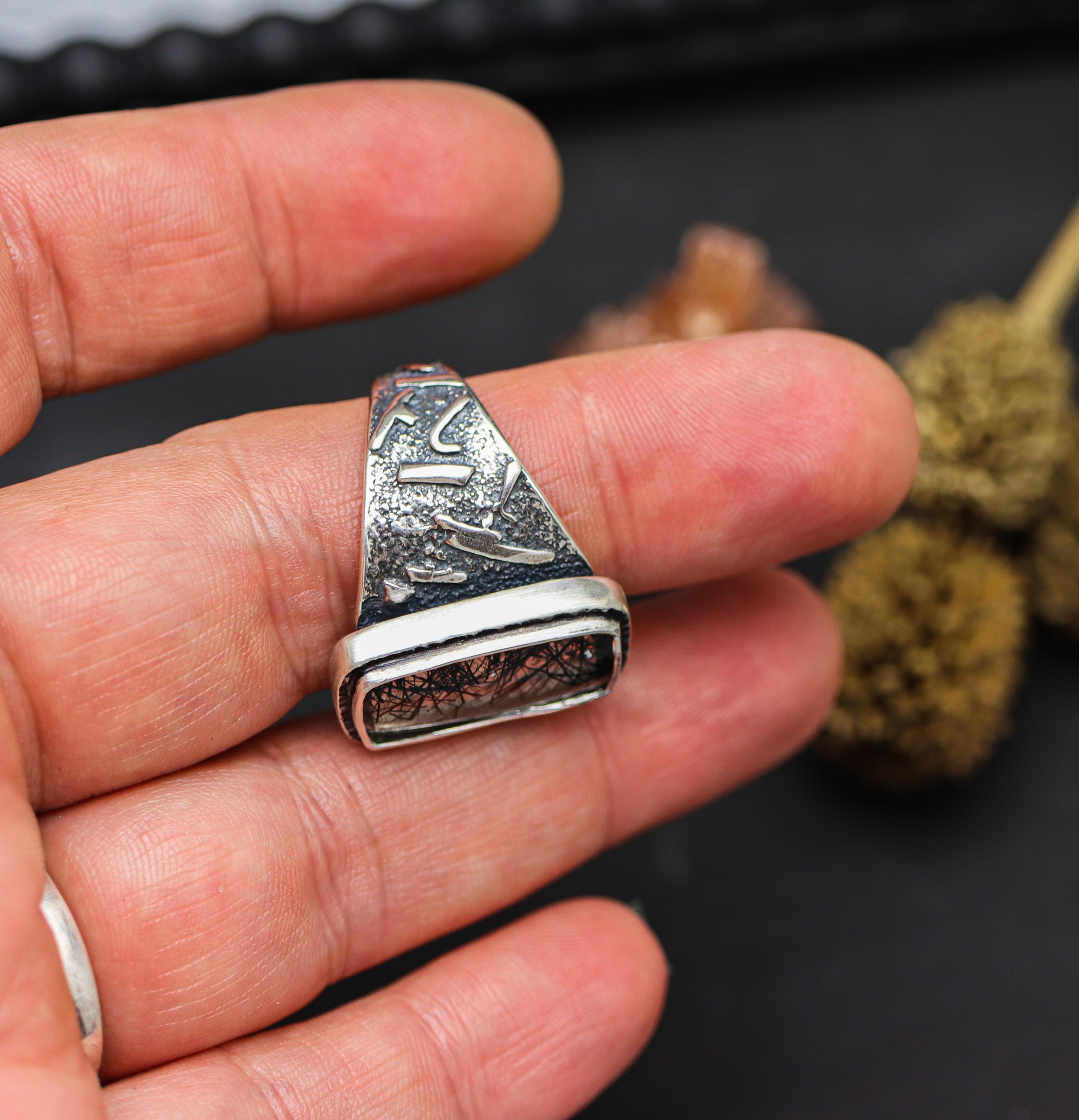 Black Tourmalinated Quartz Sterling Silver Wide Band Ring