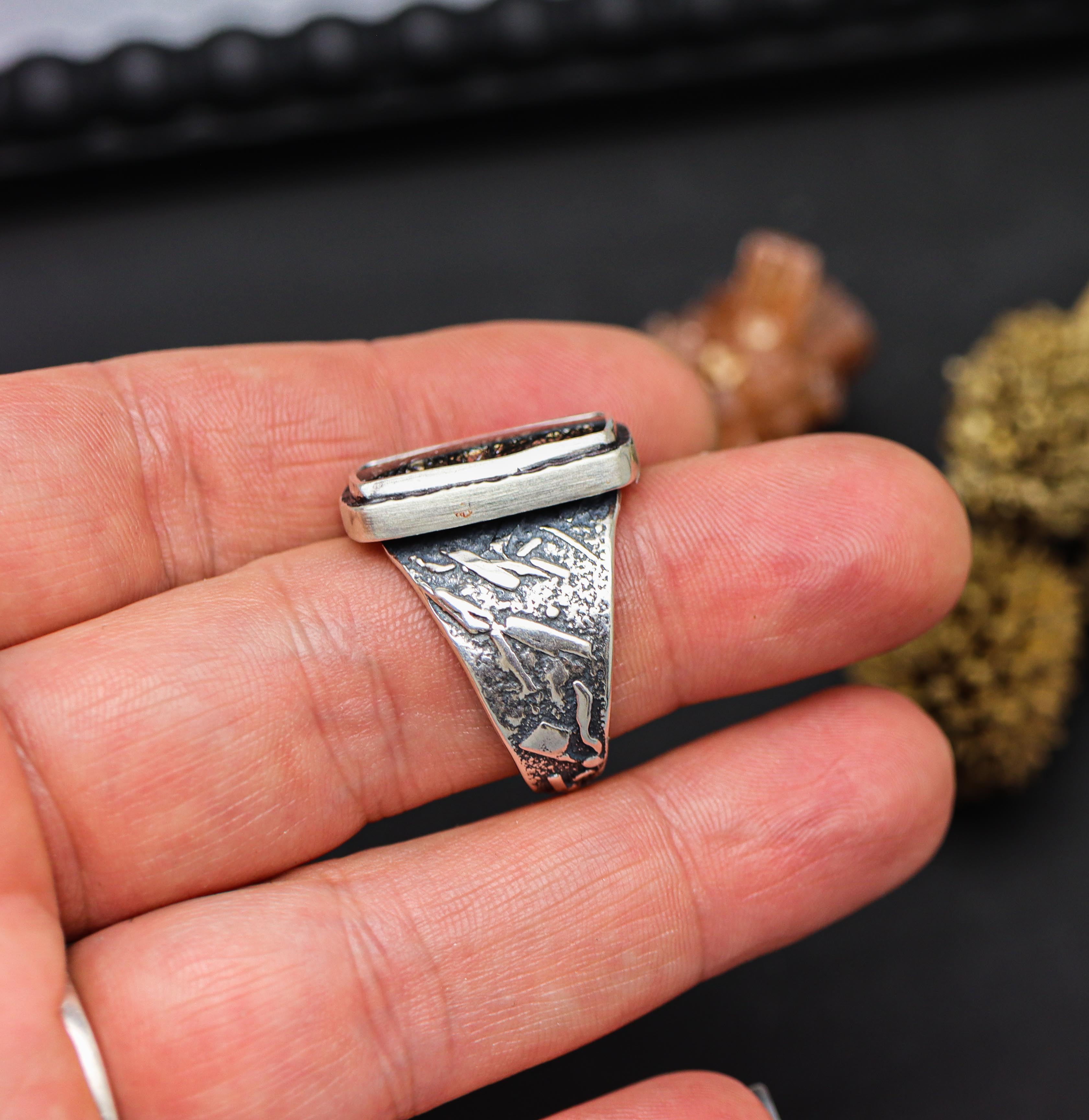 Black Tourmalinated Quartz Sterling Silver Wide Band Ring